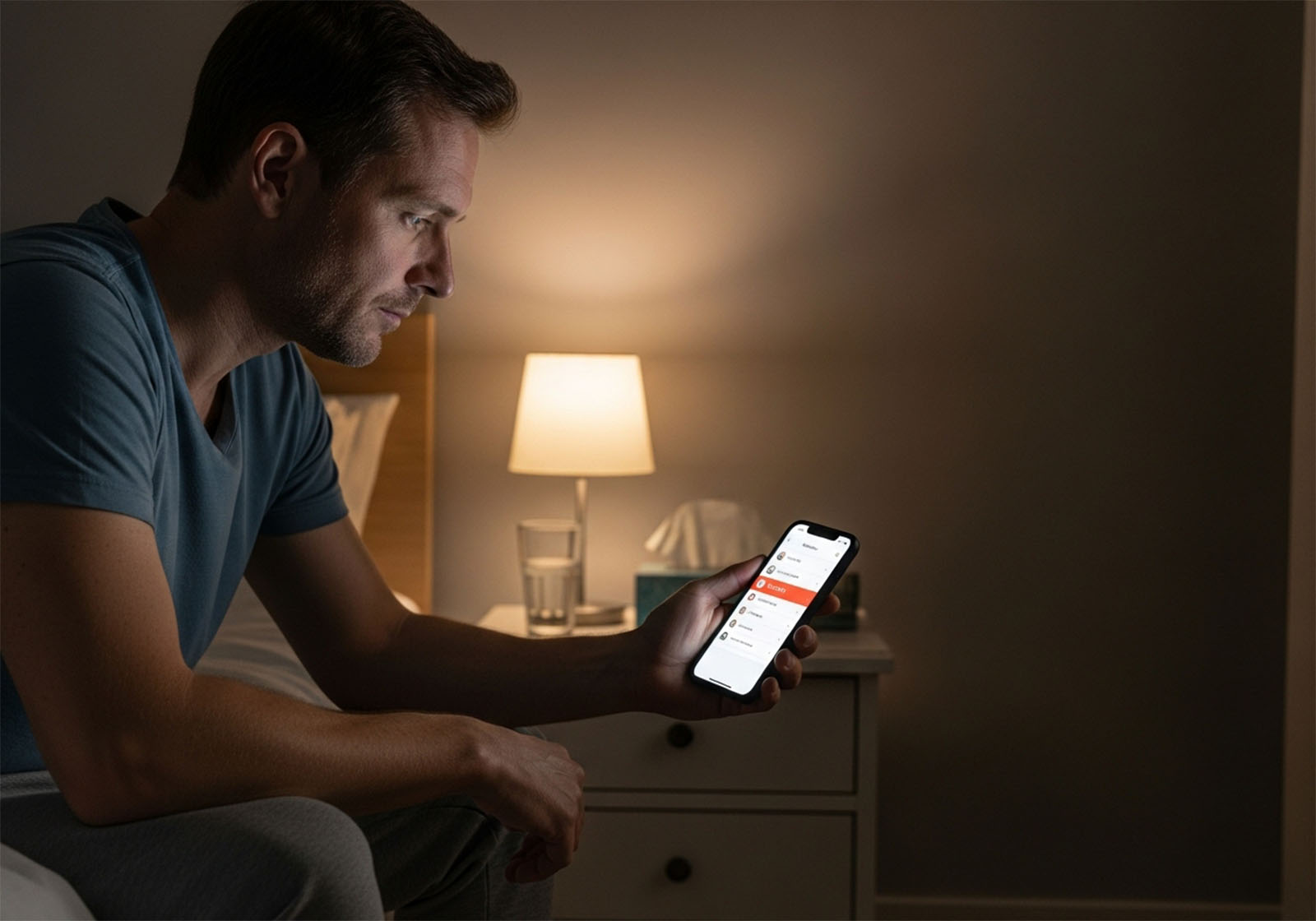 Mann sitzt auf einem Bett und schaut auf sein Handy, über eine ärztliche Untersuchung der Genitalgesundheit nachdenkend