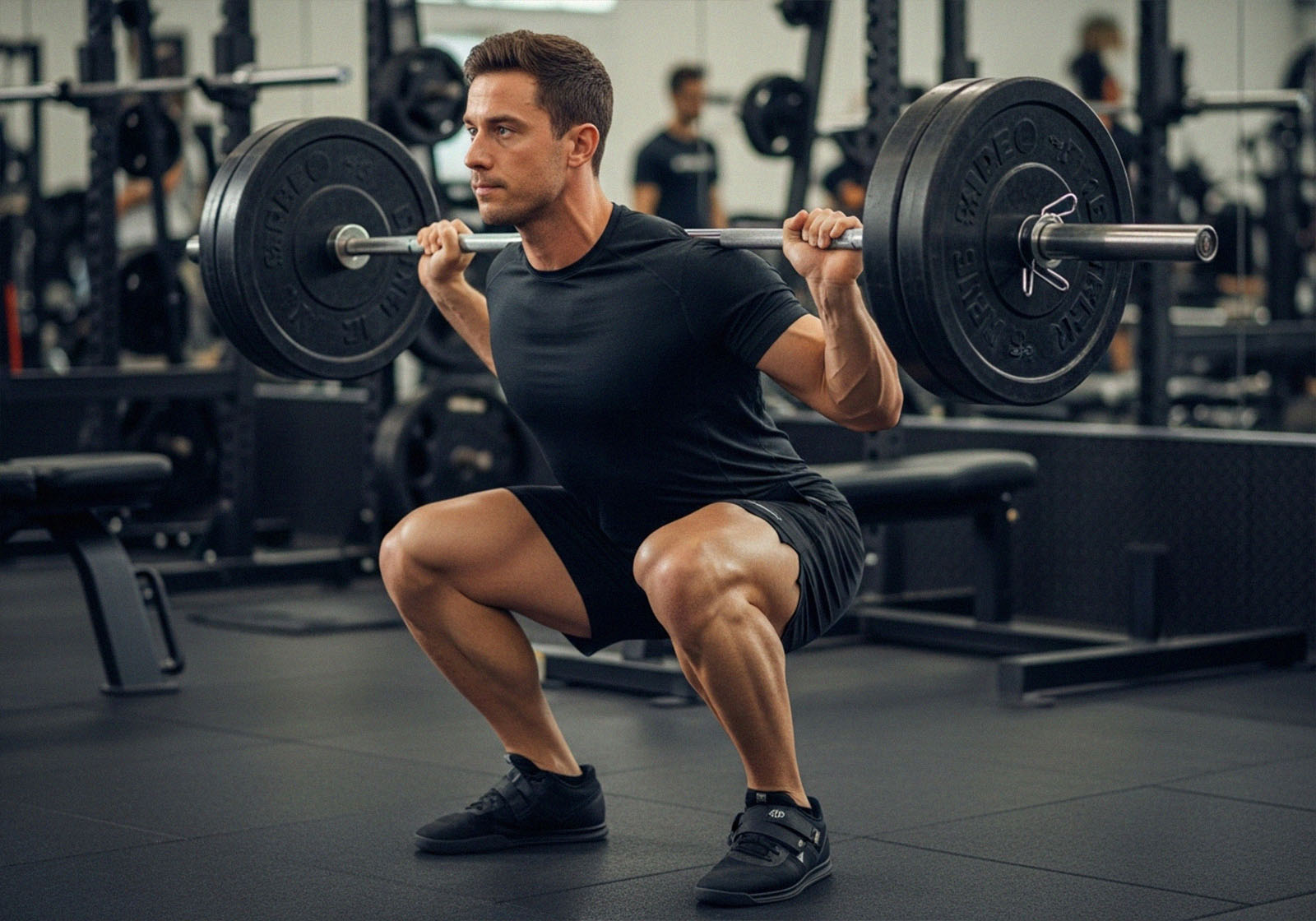 Mann führt tiefe Langhantel-Rückenkniebeuge mit korrekter Form im Fitnessstudio aus
