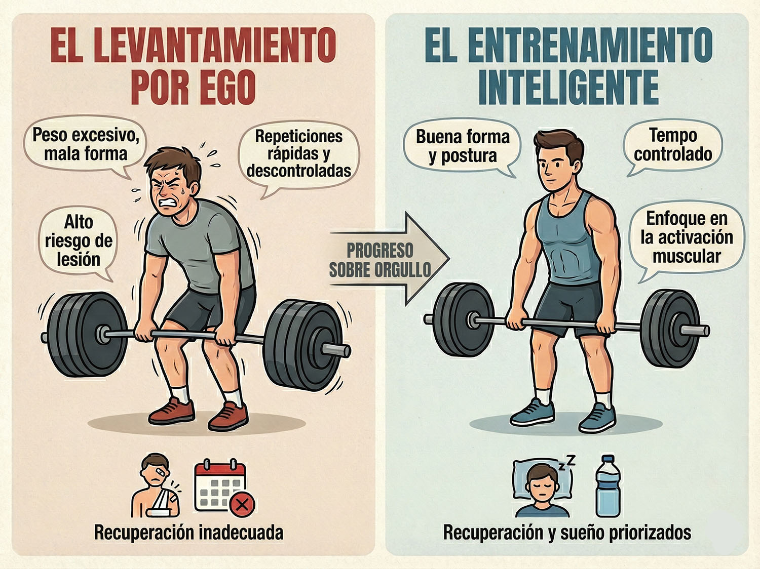 Comparación entre levantamiento por ego y entrenamiento de fuerza controlado con buena forma