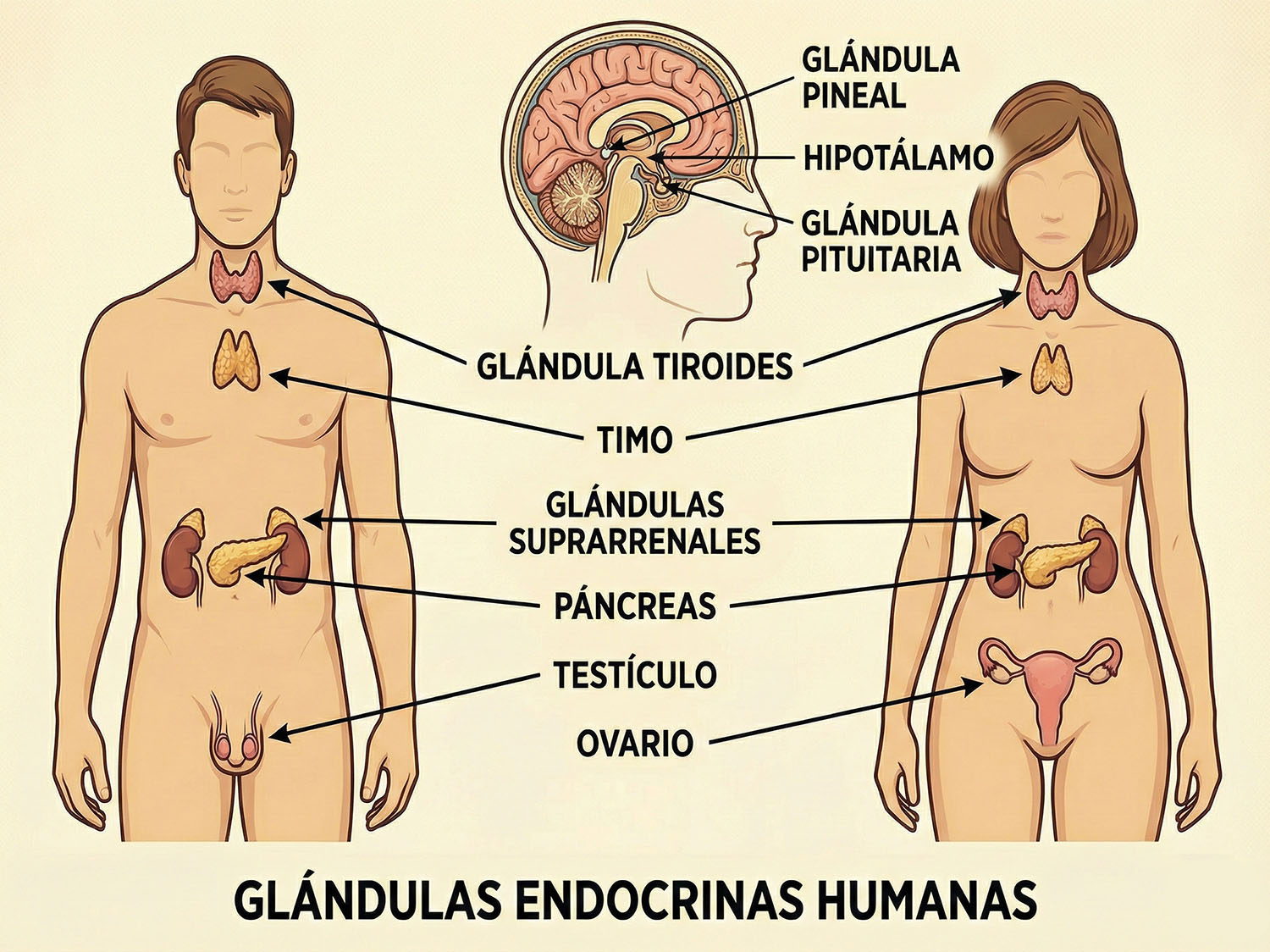 Glándulas endocrinas humanas en hombre y mujer.