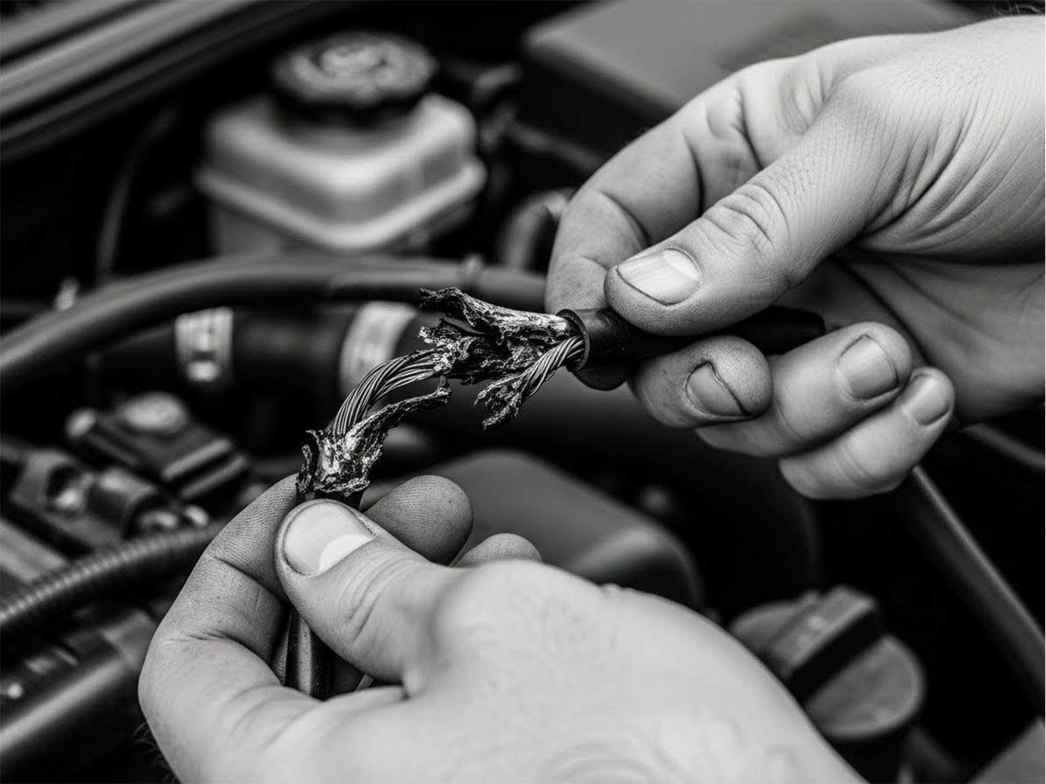 Una foto en blanco y negro de las manos de un hombre sosteniendo un cable que se ha quemado en el compartimento del motor de un coche.