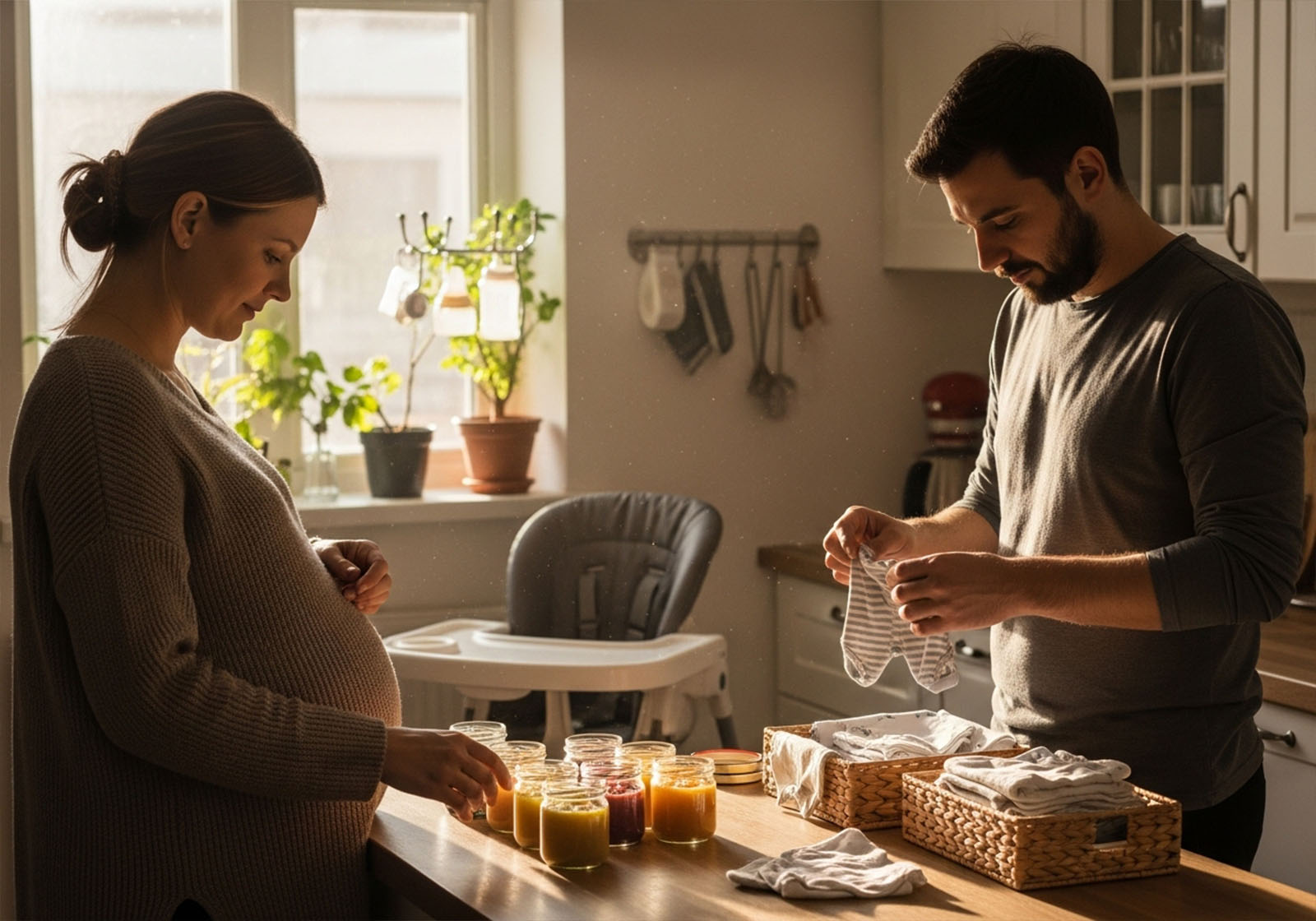 Einfache Mahlzeiten und Ausrüstung vor der Ankunft des Babys vorbereiten