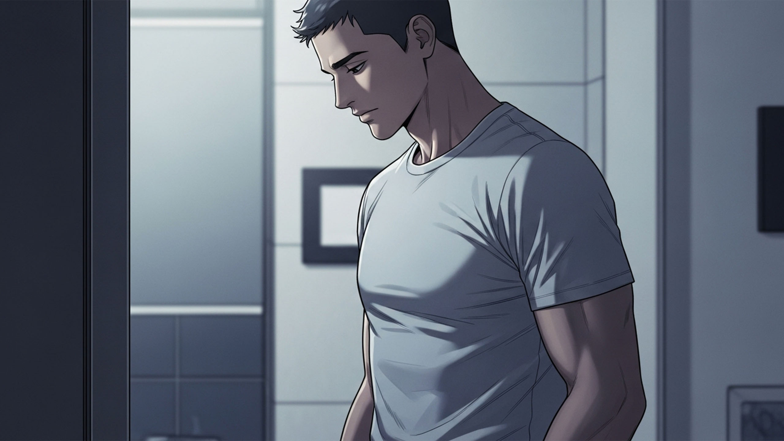 Homme dans une salle de bain vérifiant discrètement sa santé génitale avec une expression pensive et neutre