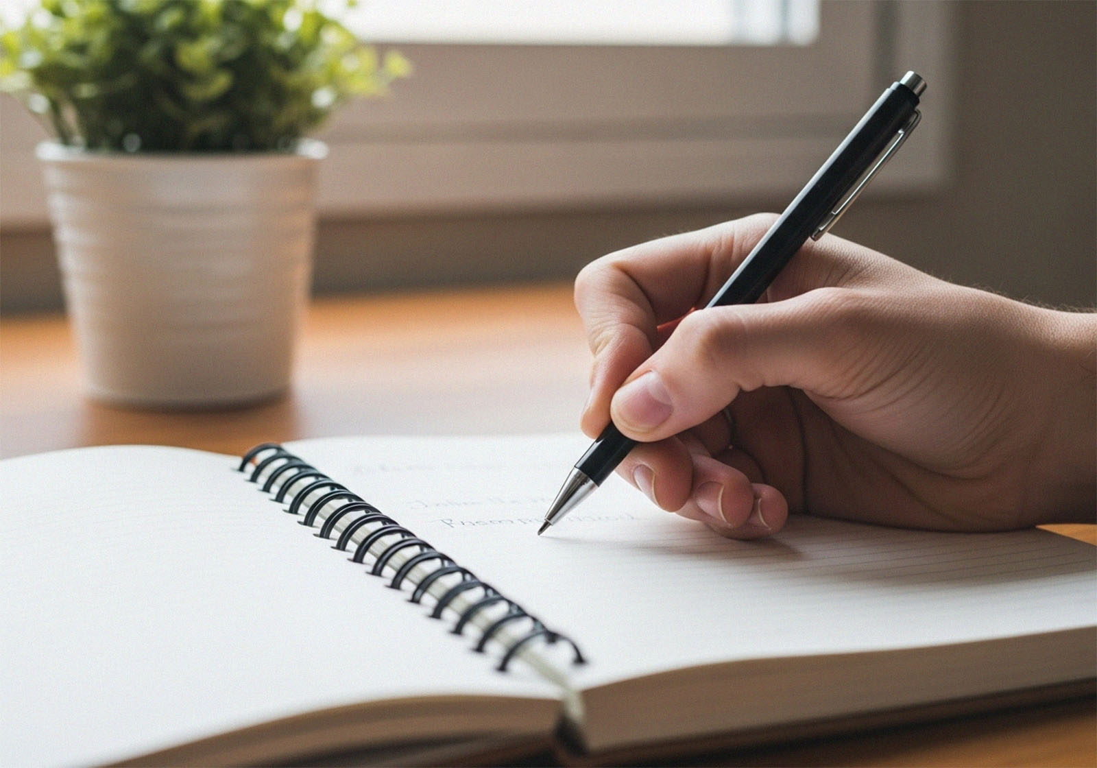 Hand schreibt Notizen in Notizbuch für persönliche Reflexion
