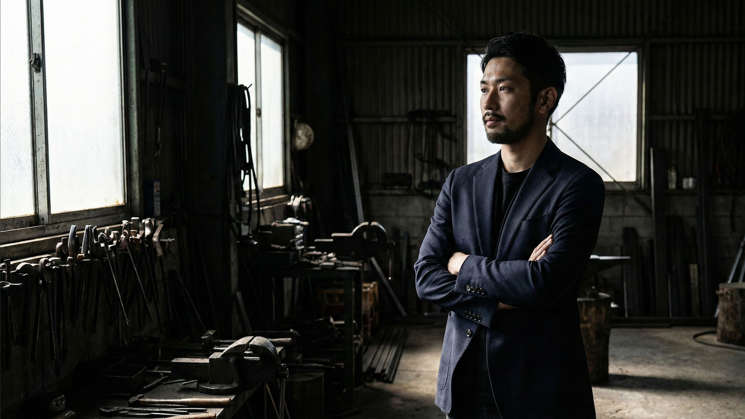 力強い姿勢とオープンなボディランゲージで立つ自信に満ちた男性。