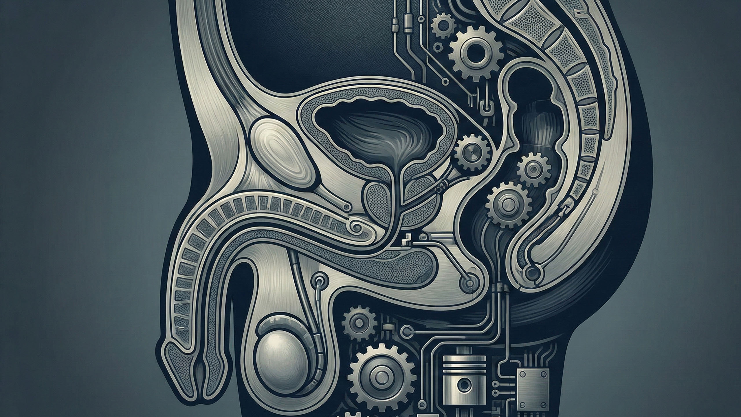 男性の性的反応サイクルの4つの段階と二重制御モデルを示す図。