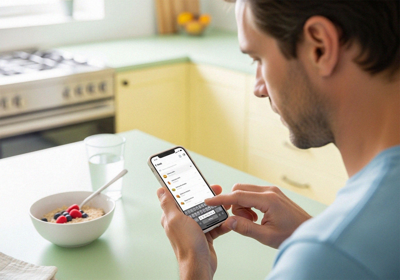 Mann protokolliert tägliche Aufnahme auf dem Handy, um den Stoffwechsel zu verfolgen