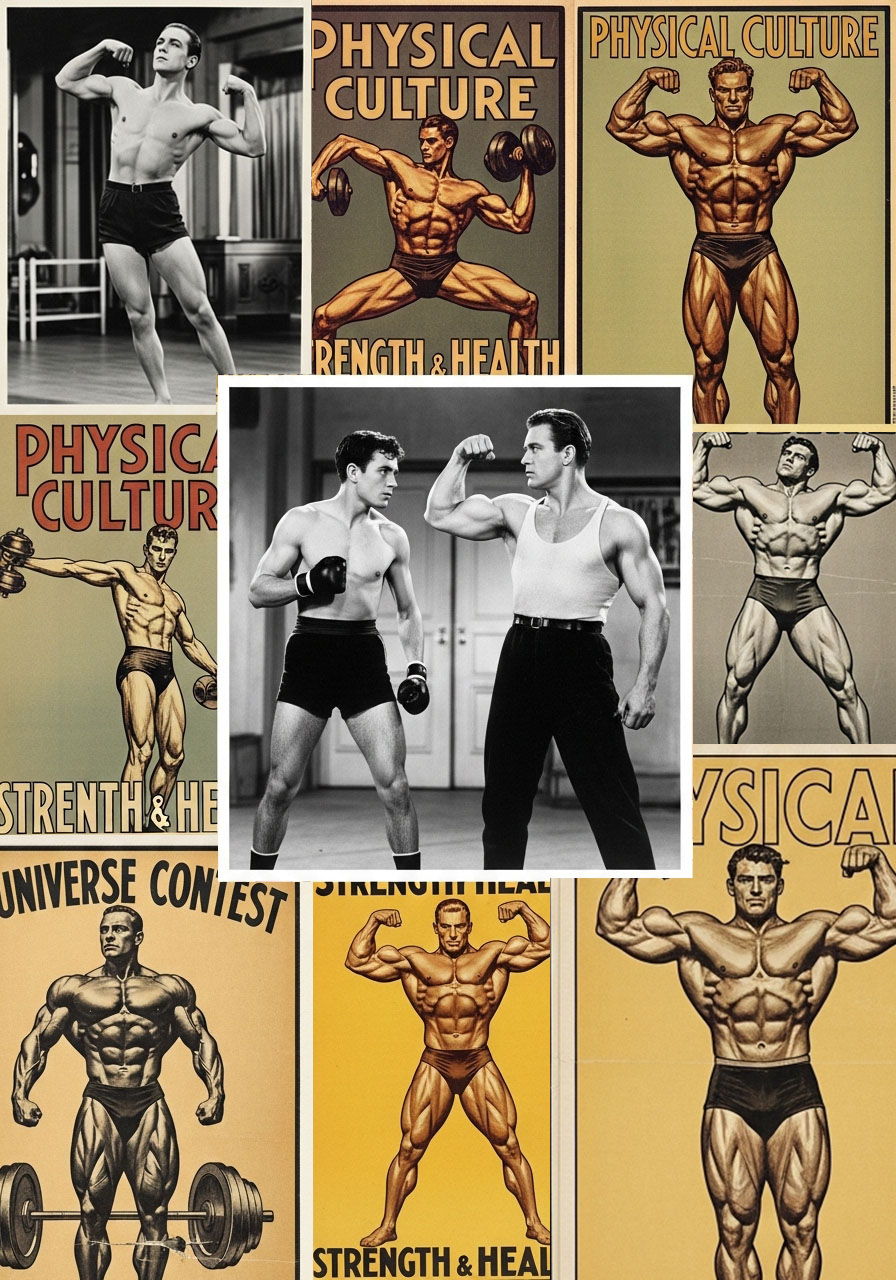 Collage früher Bodybuilding-Poster und einer Filmszene, die schlanke und massige männliche Körper kontrastiert