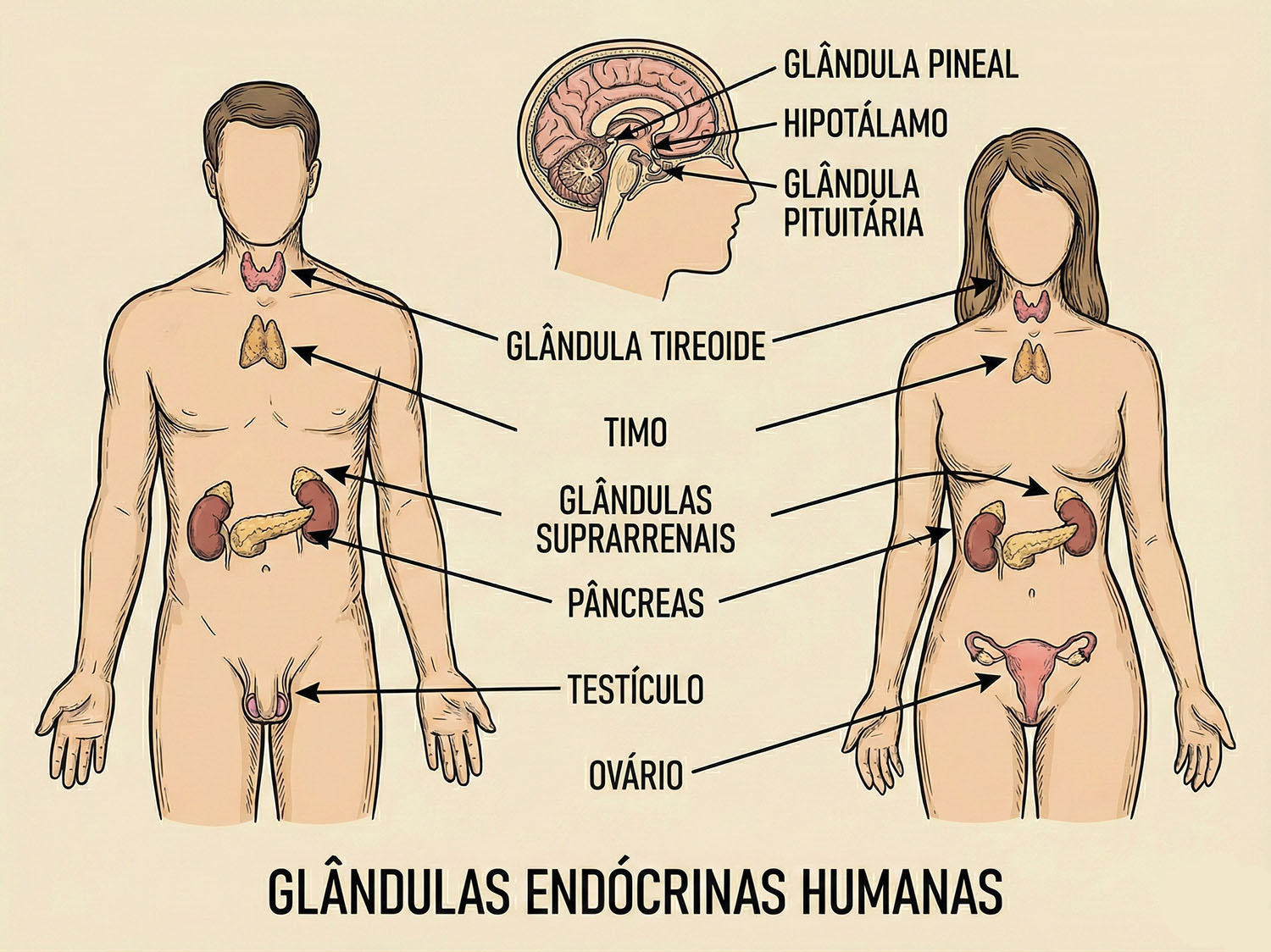 Glândulas endócrinas humanas no homem e na mulher.