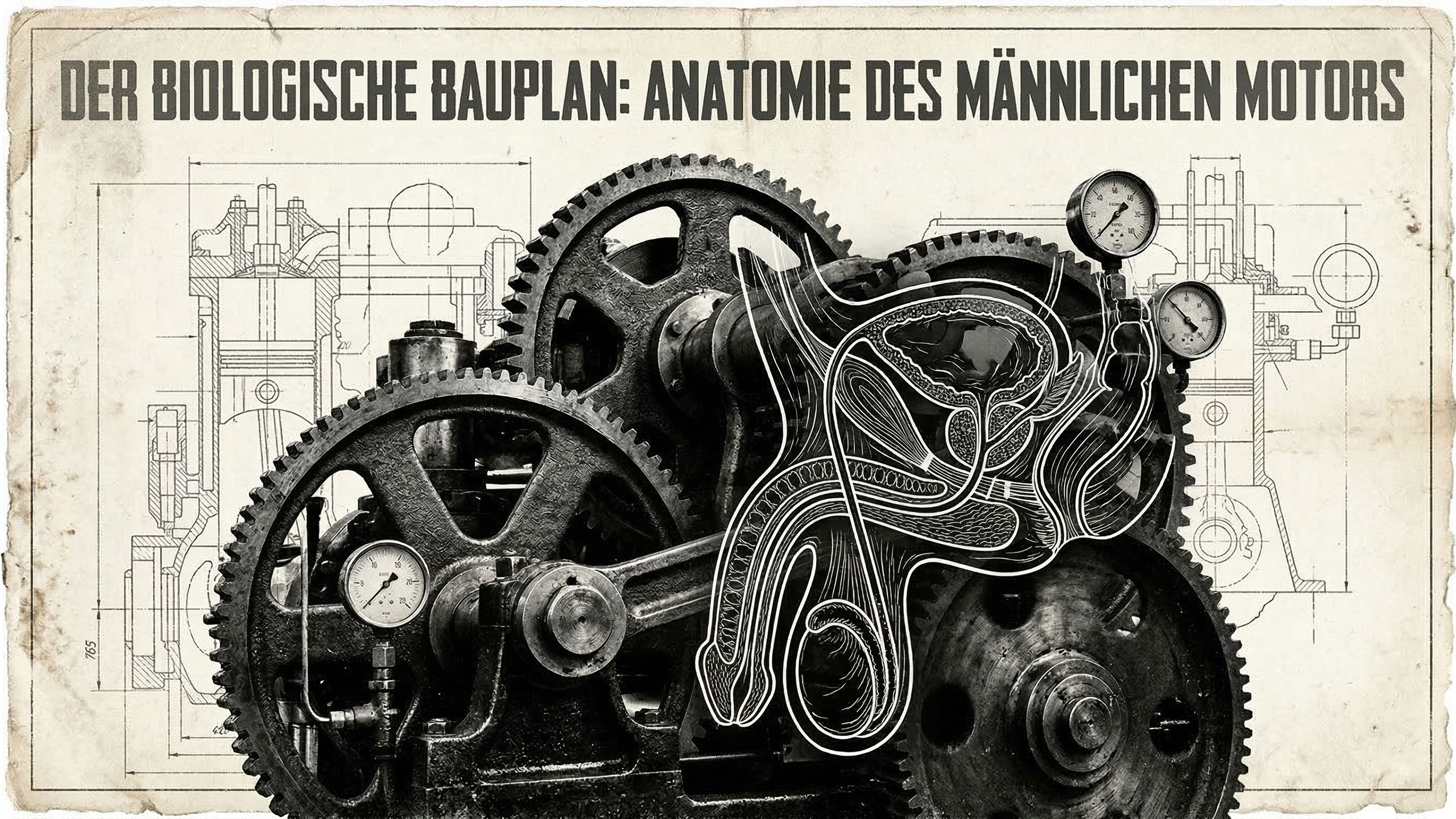 Illustration im technischen Bauplanstil der männlichen physiologischen Strukturen.