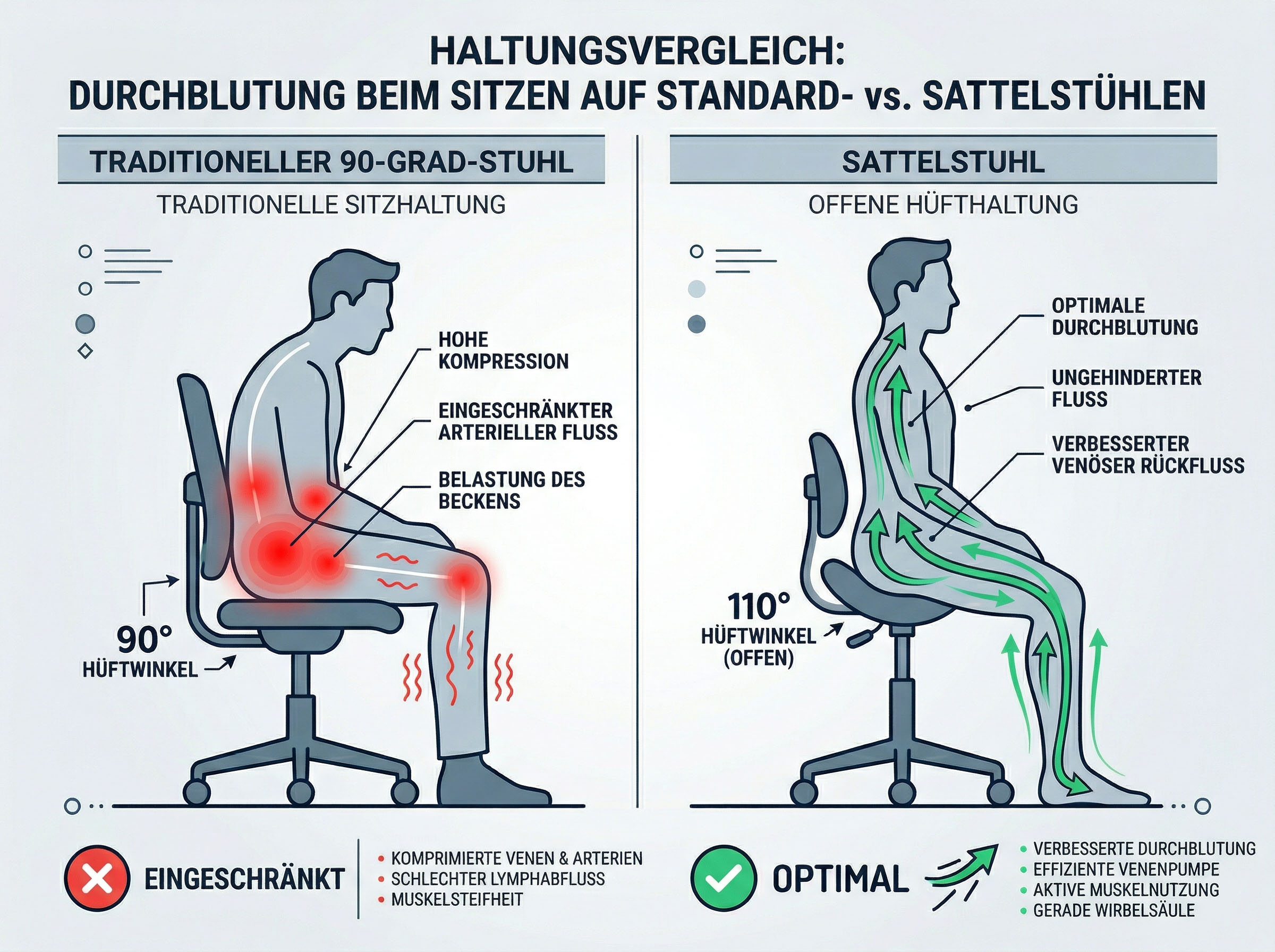Vergleich von Standard-Bürohaltung gegenüber ergonomischer Haltung mit offenem Hüftwinkel
