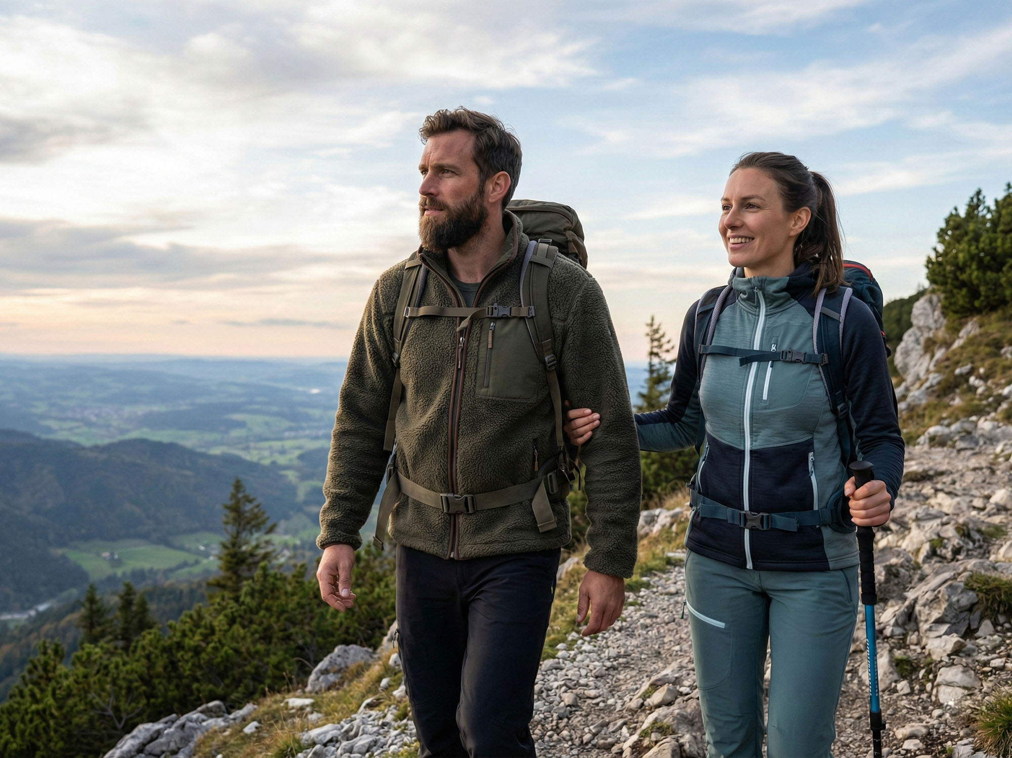 Mann und Frau beim Wandern im Freien