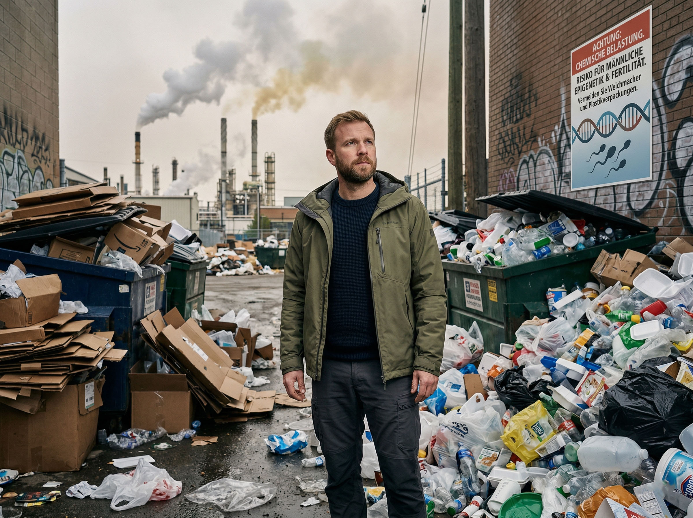 Mann in städtischer Umgebung, umgeben von Plastikverpackungen und industrieller Verschmutzung, was die Risiken chemischer Belastung für die männliche Epigenetik darstellt