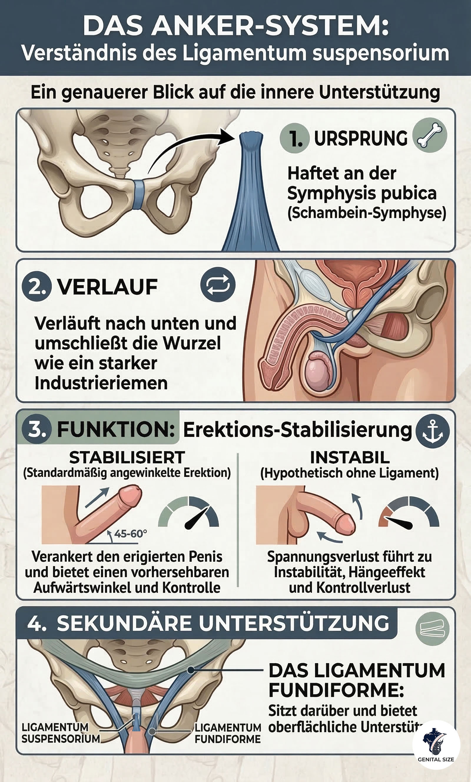 Infografik zur Anatomie und Funktion des Ligamentum suspensorium