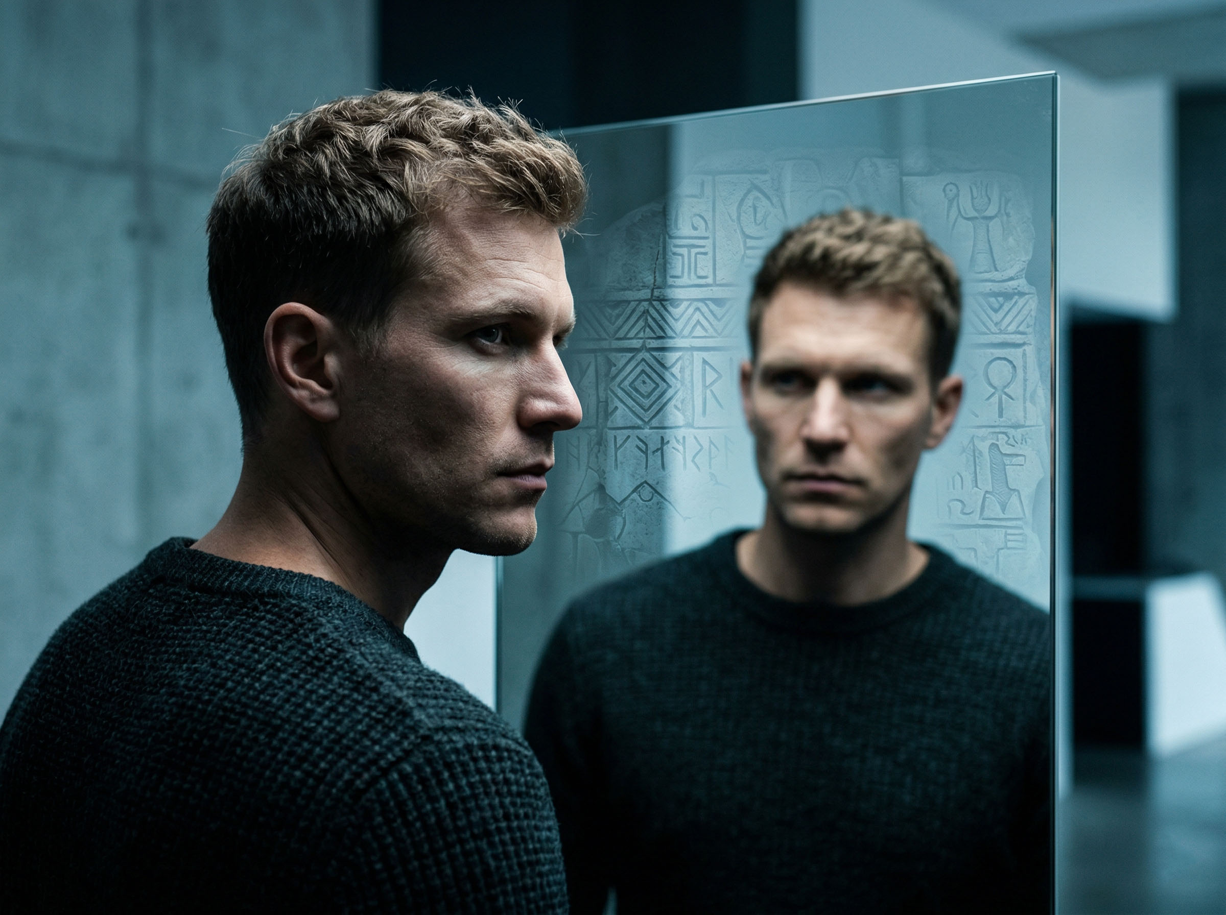 Mann reflektiert über Selbstbild und Männlichkeit im modernen Kontext