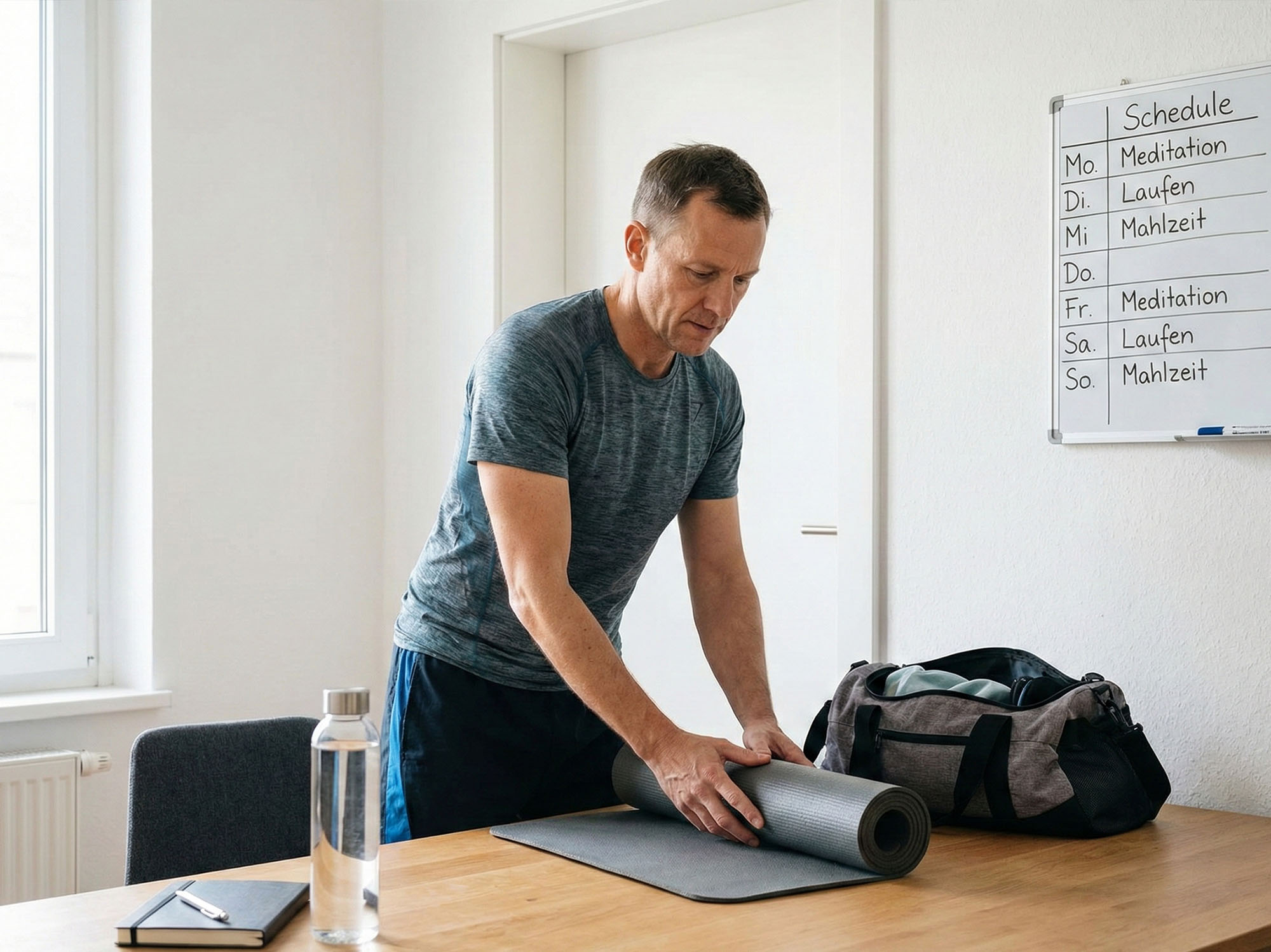 Mann, der disziplinierte Selbstfürsorge durch tägliche Routine und körperliche Bereitschaft praktiziert