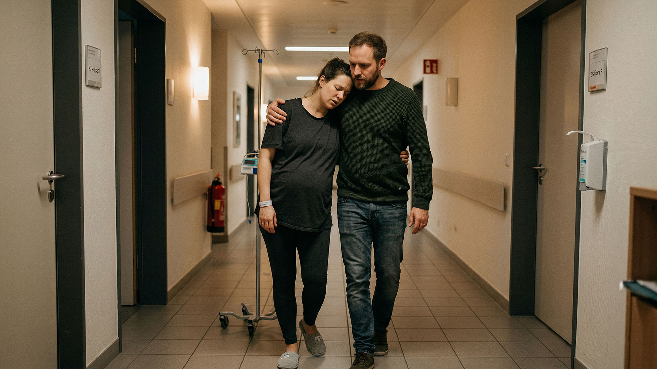 Ein werdender Vater geht mit seiner Frau zur Entbindungsstation, emotional und überwältigt vor Liebe