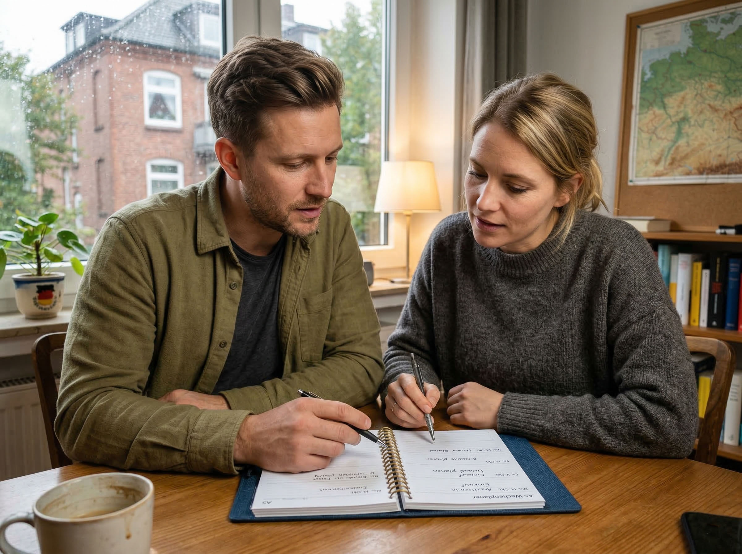 Ein Mann und eine Frau gehen gemeinsam einen Planer durch