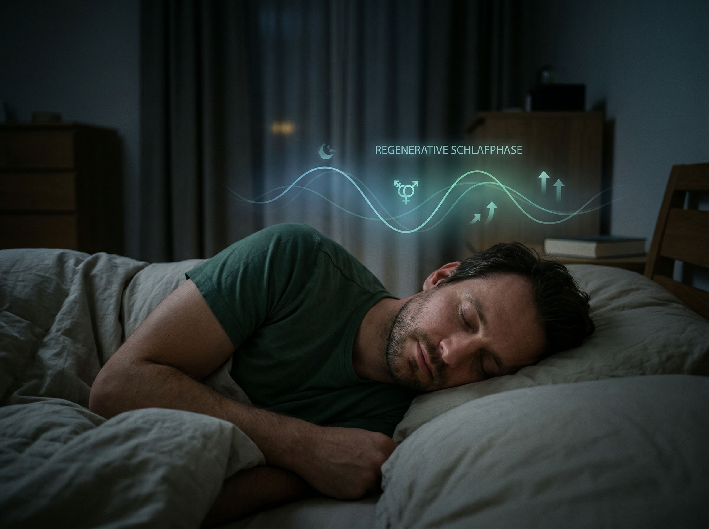 Mann schläft tief in einem dunklen Raum, symbolisiert erholsamen Schlaf und Testosteronproduktion