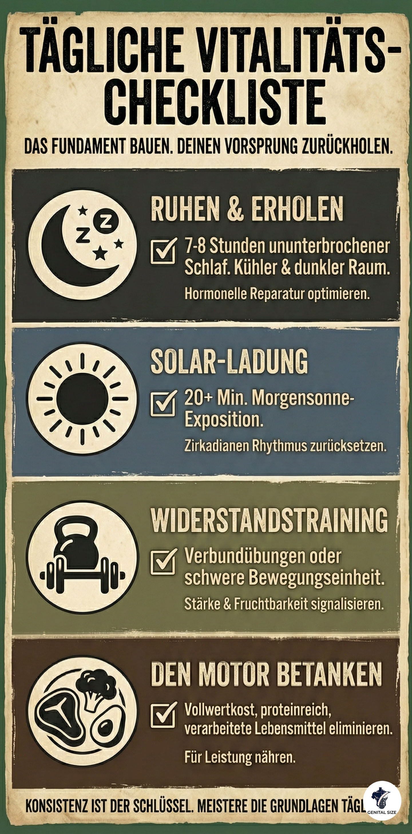 Eine Infografik mit dem Titel "Tägliche Vitalitäts-Checkliste" für Männer, die die Säulen Erholung, Sonnenlicht, Krafttraining und Ernährung umfasst.