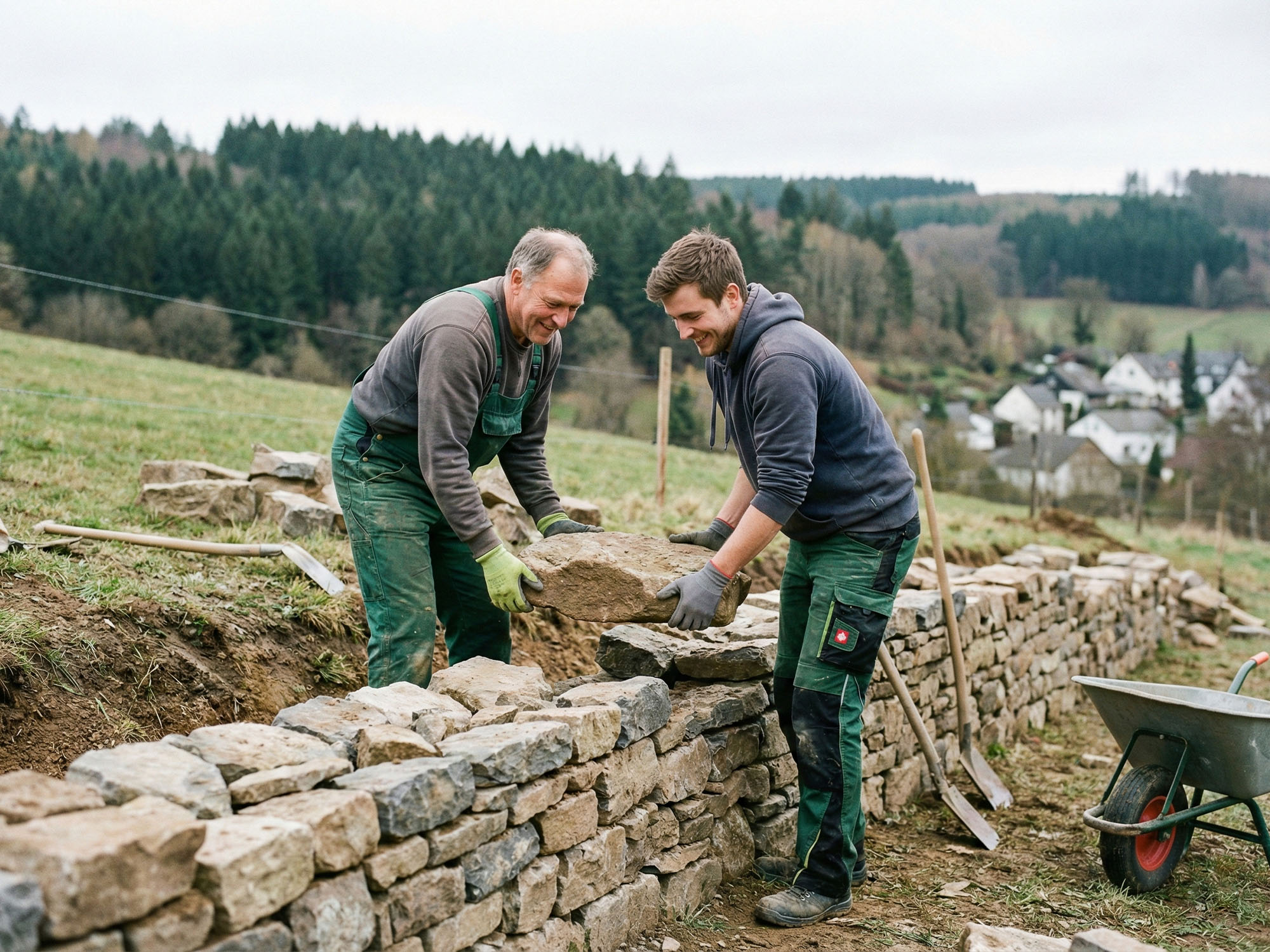 ein Vater und ein Sohn bei einer handwerklichen Tätigkeit im Freien.
