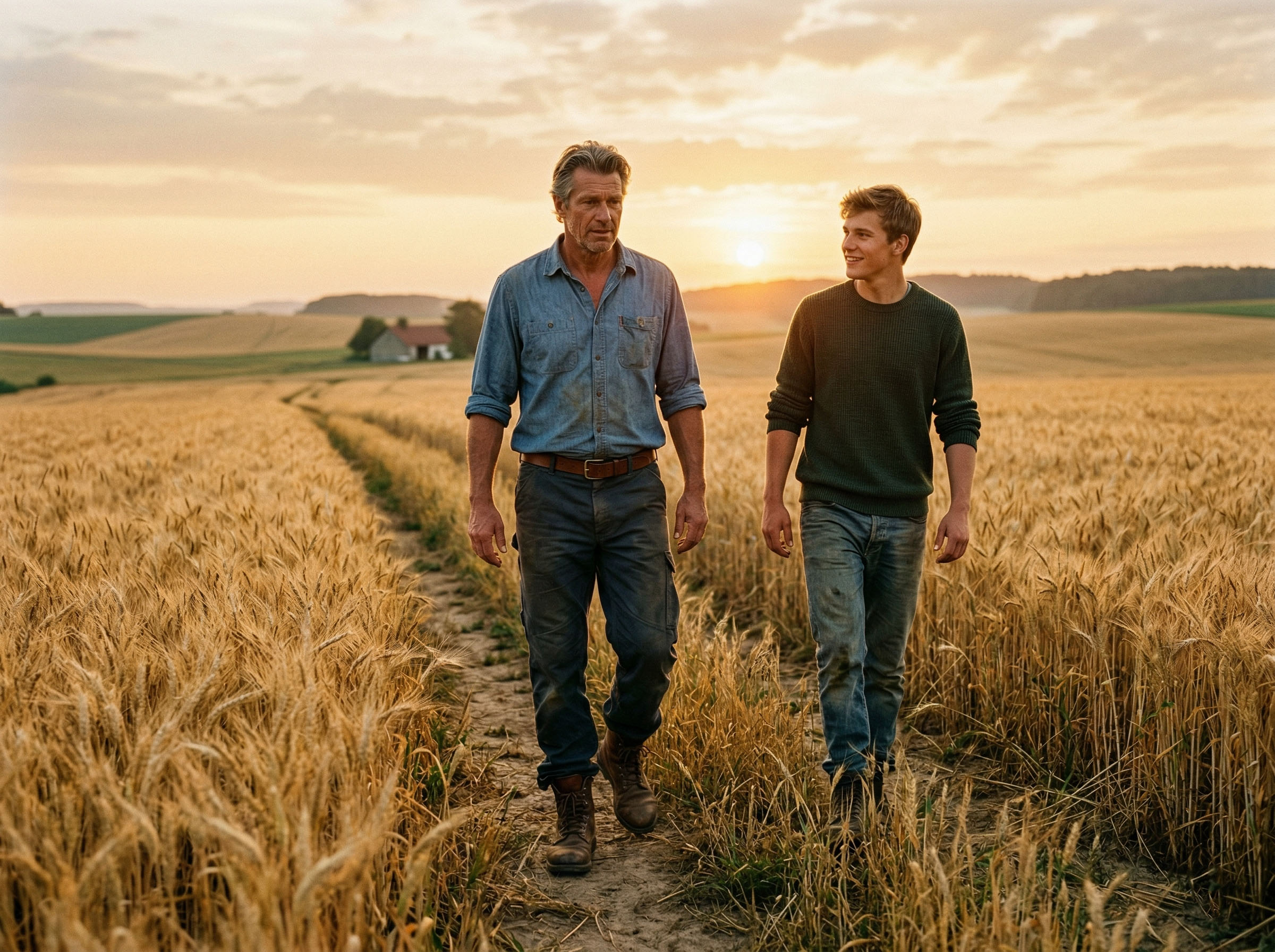 Ein Vater und sein Sohn gehen gemeinsam bei Sonnenaufgang durch ein offenes Feld, was generationenübergreifende Stärke und Familienerbe symbolisiert