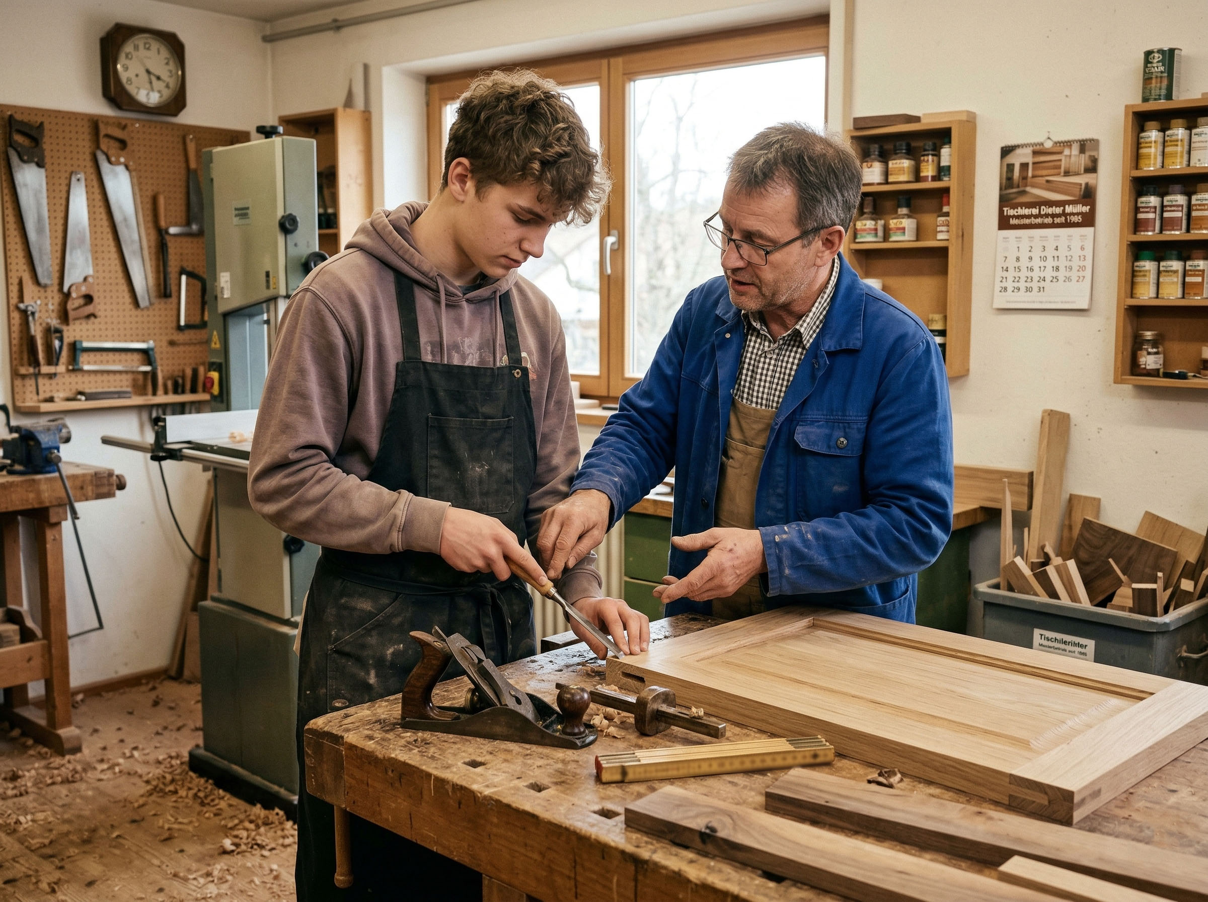 Ein Vater bringt seinem Sohn in einer Werkstatt bei, wie man mit Holz arbeitet