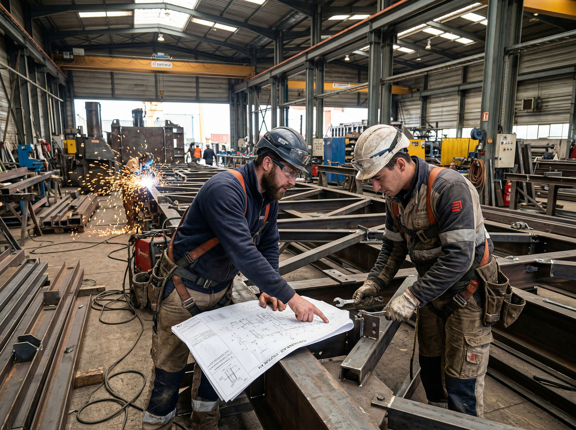 Zwei Männer arbeiten intensiv auf einer Bau- oder Ingenieurbaustelle, fokussiert und zielstrebig