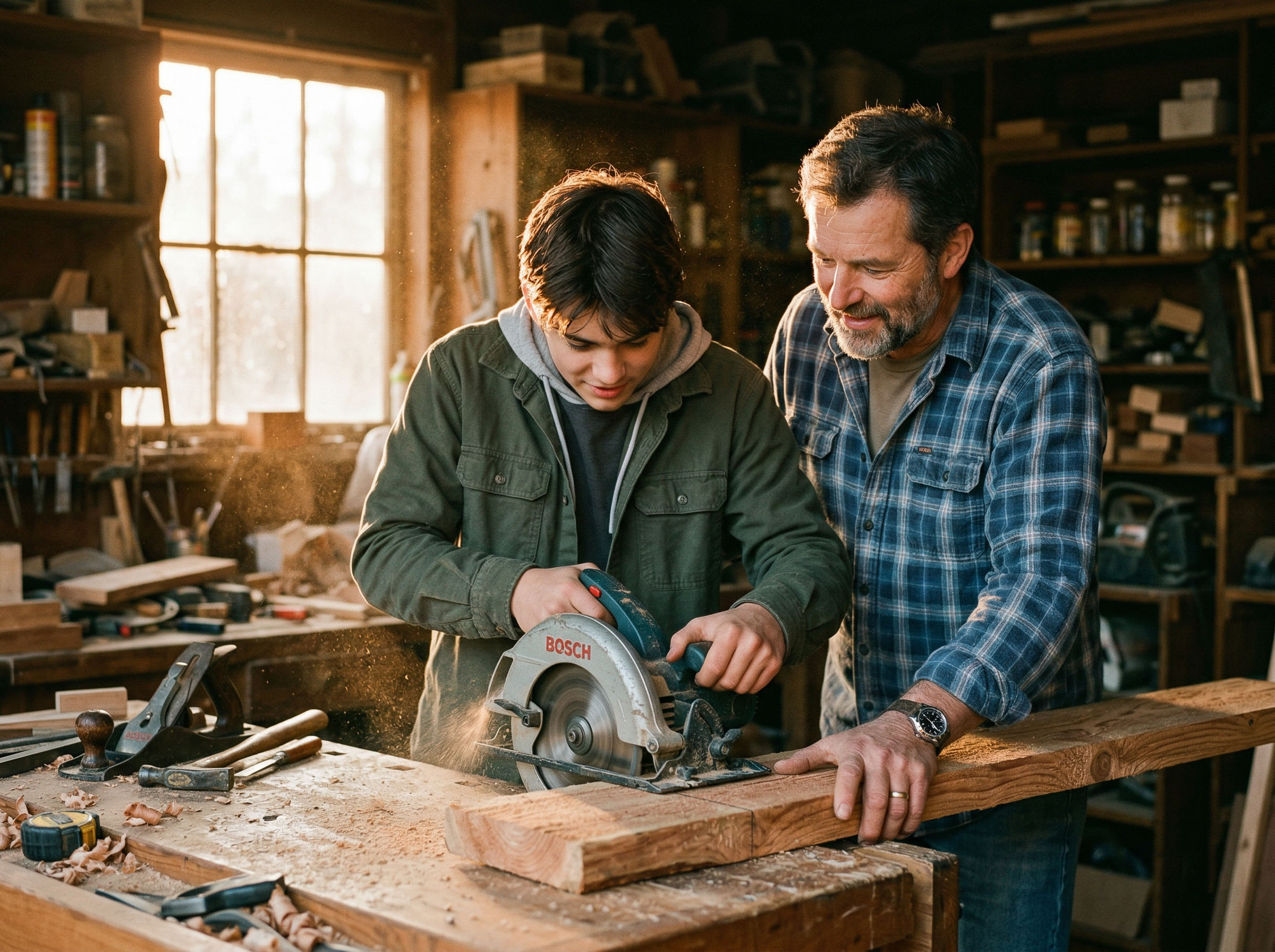 Vater und Sohn arbeiten gemeinsam an einem Projekt im Freien und bauen etwas mit ihren Händen