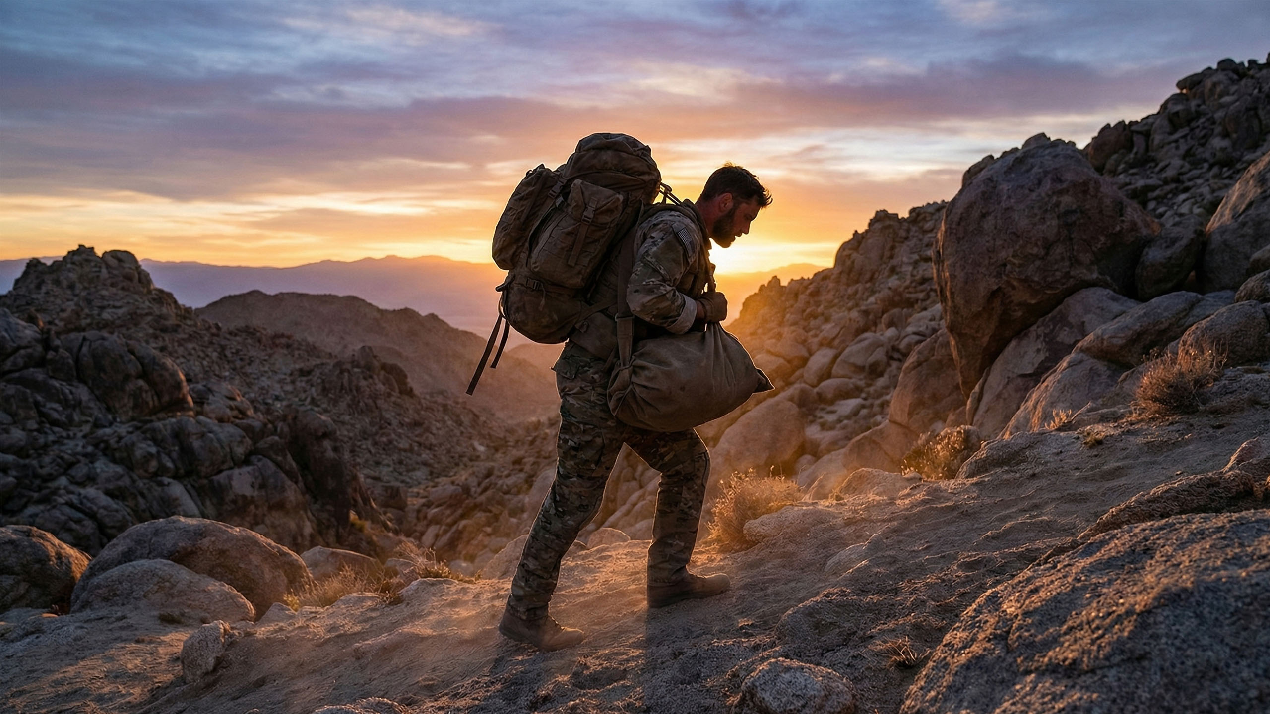 A man in rugged gear performing a functional carry workout outdoors, representing ancient warrior training.