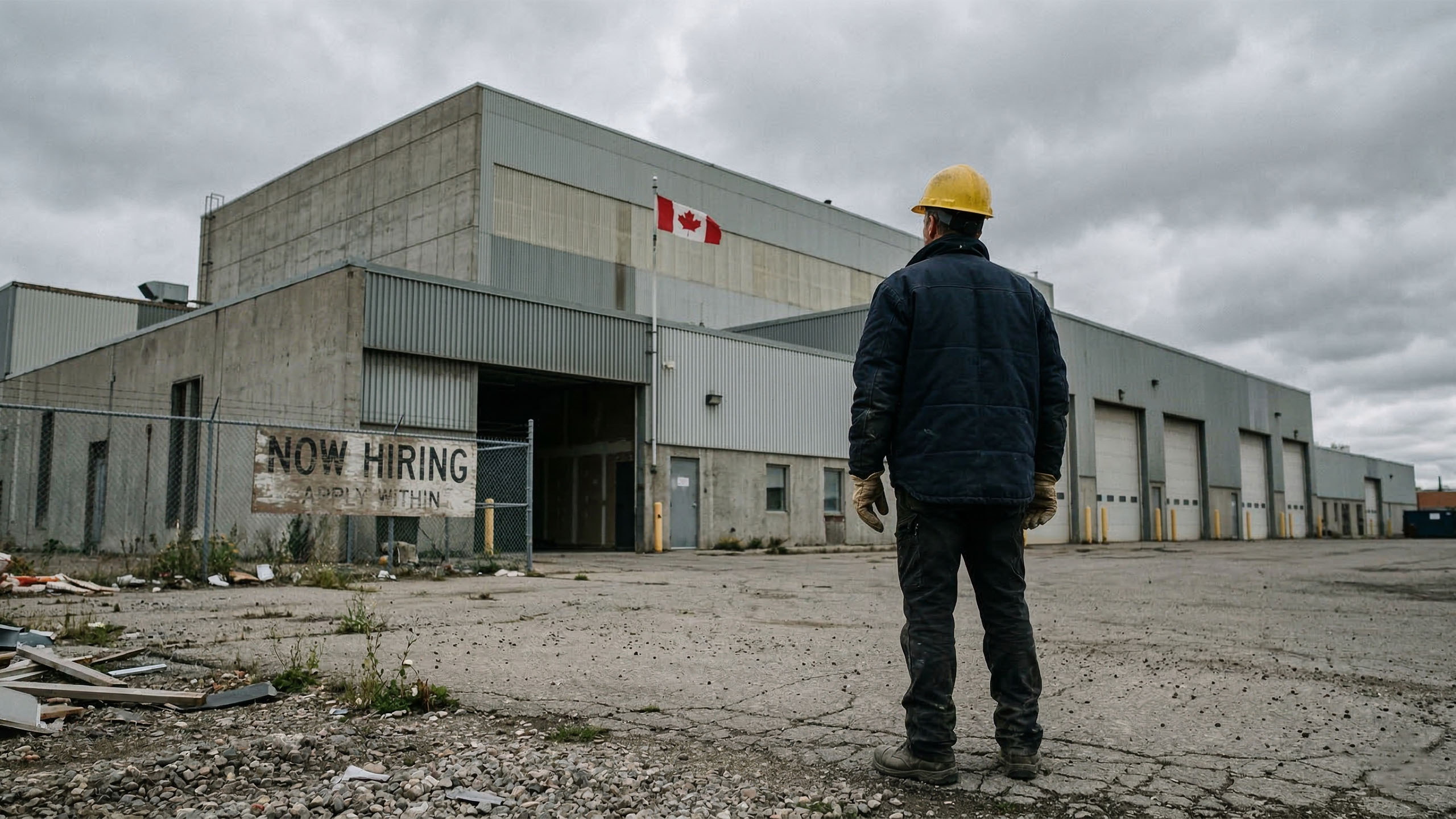 Canadian tradesman standing outside a warehouse beside a faded Now Hiring sign, representing the broken foreign worker hiring system