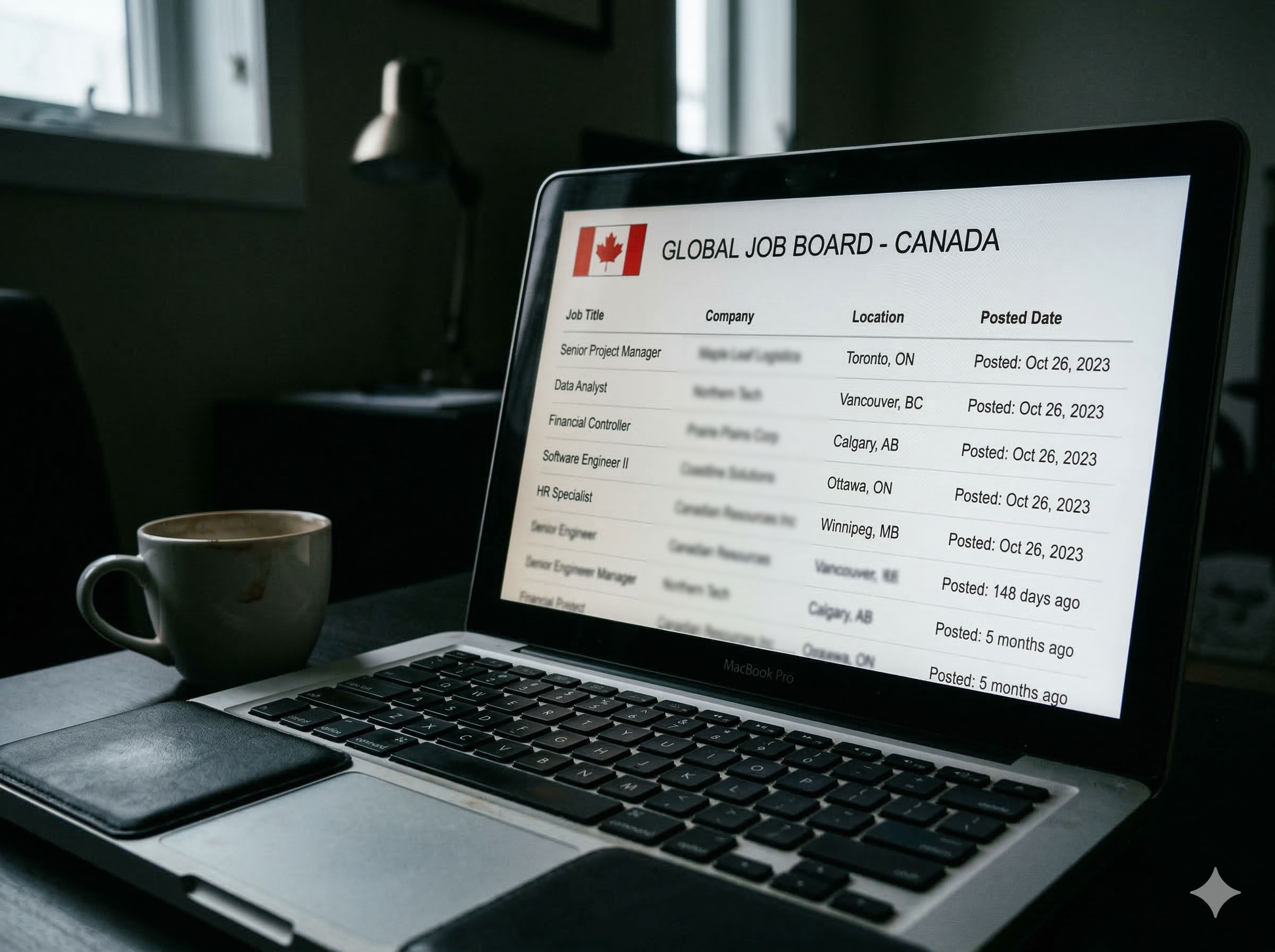 Laptop screen displaying a job board with long-standing unfilled postings, representing ghost job listings used to obtain LMIA approvals in Canada