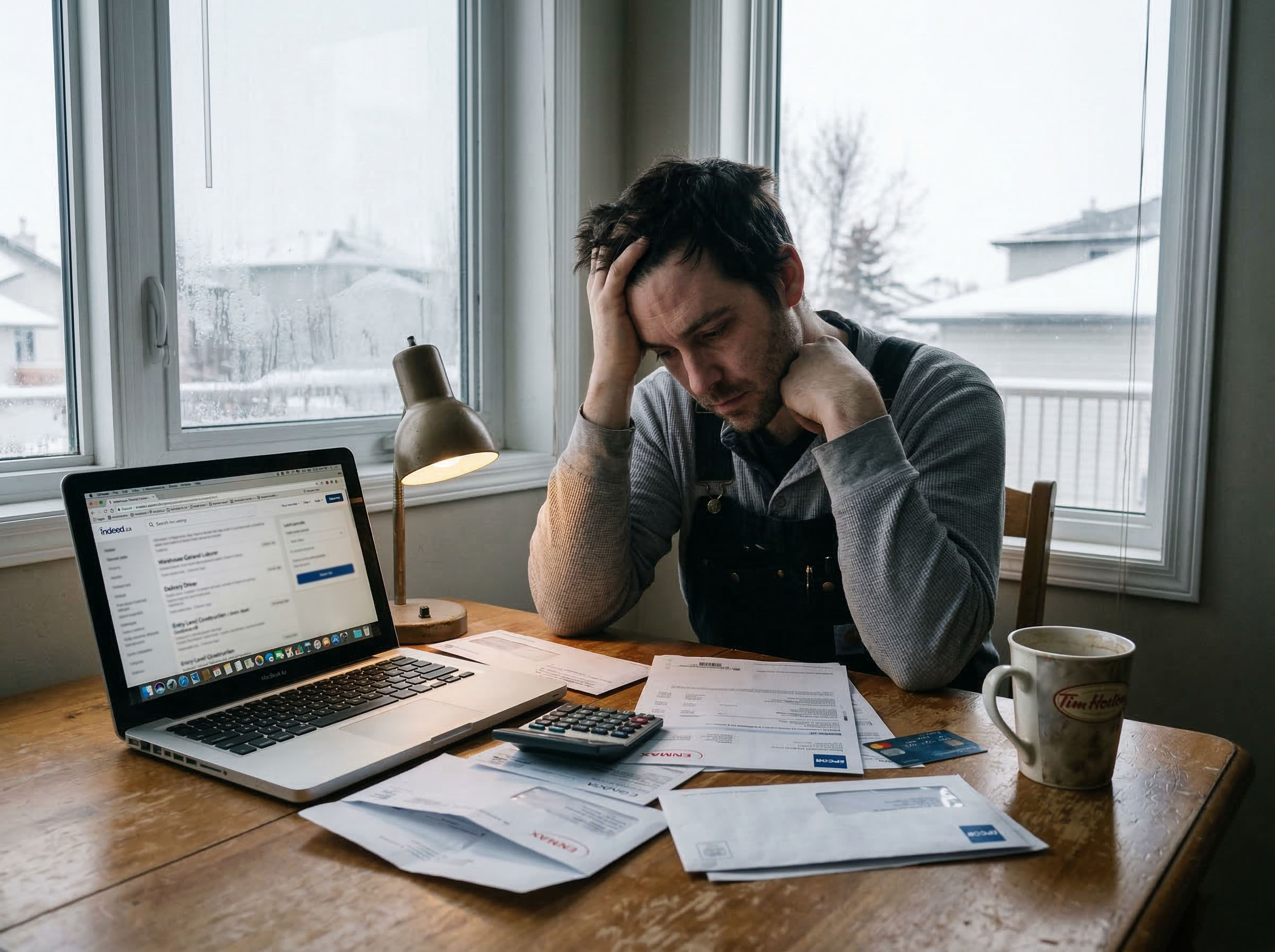 A working-age Canadian man at a kitchen table surrounded by bills, searching for work online — representing the real human cost of wage suppression and foreign worker displacement