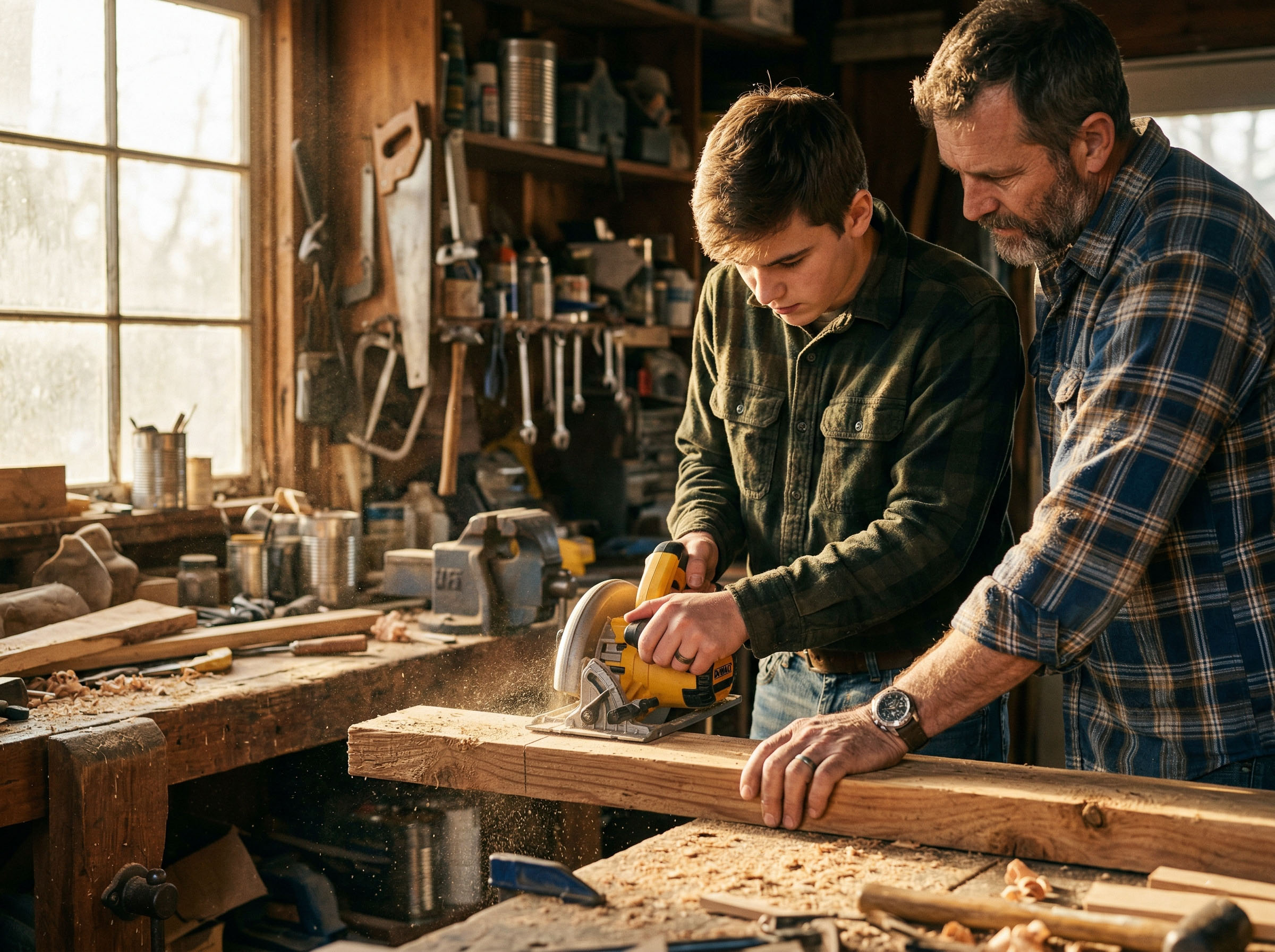 Father and son working together on a project outdoors, building something with their hands