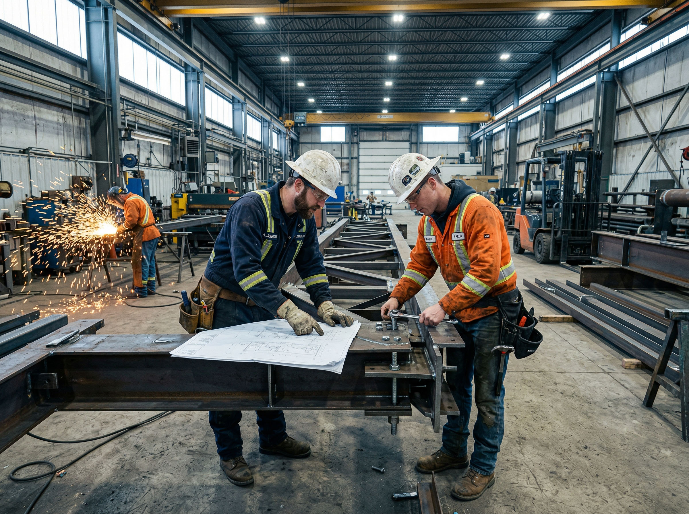 Two men working intensely at a construction or engineering site, focused and driven