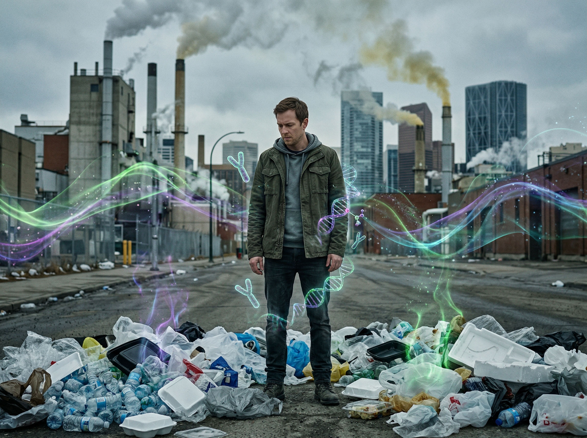 Man in urban environment surrounded by plastic packaging and industrial pollution representing chemical exposure risks to male epigenetics