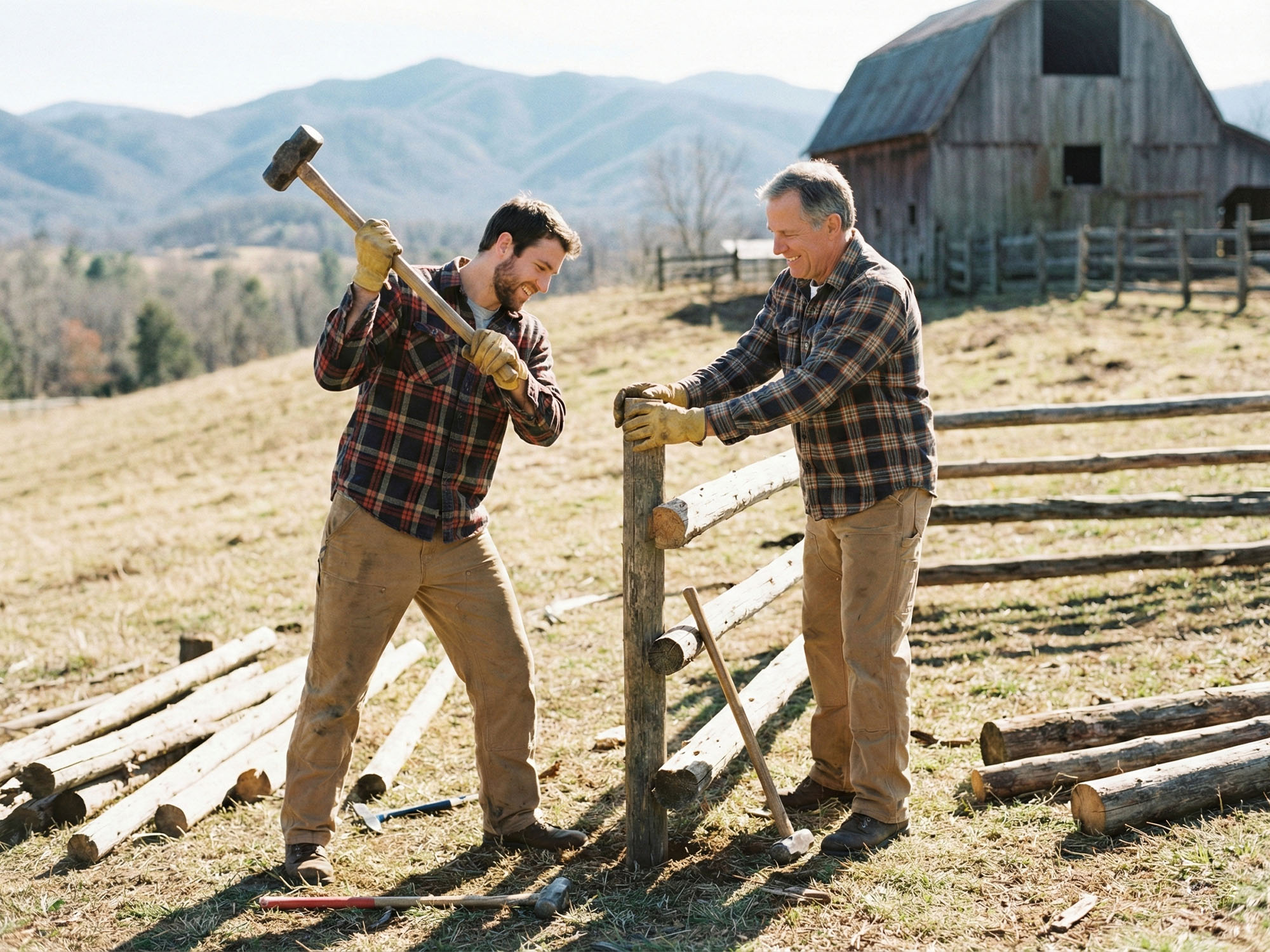 a father and son engaged in a manual, outdoor activity.