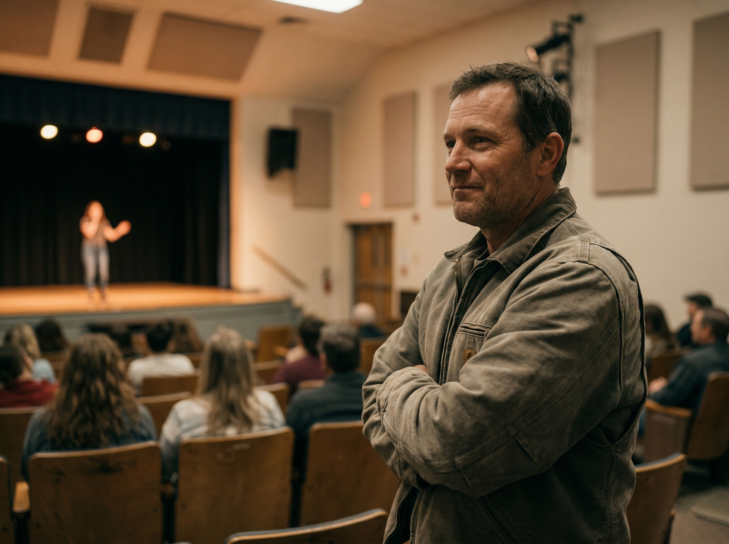 Father watching daughter perform at school, emotional pride on his face