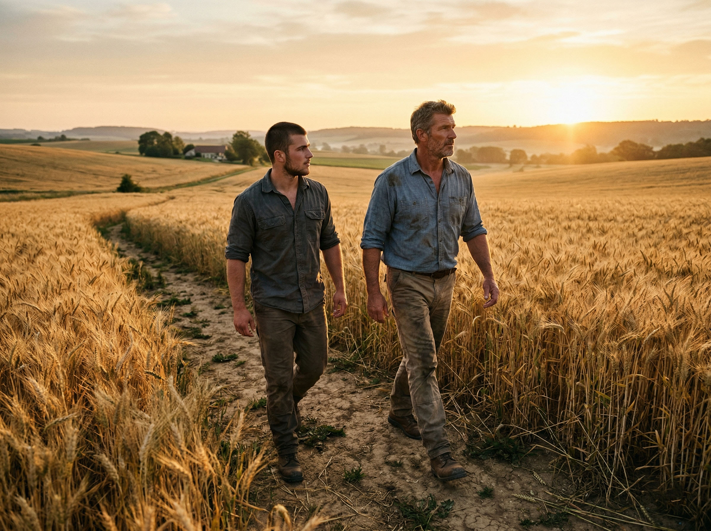 A father and son walking together at sunrise through an open field, representing generational strength and family legacy