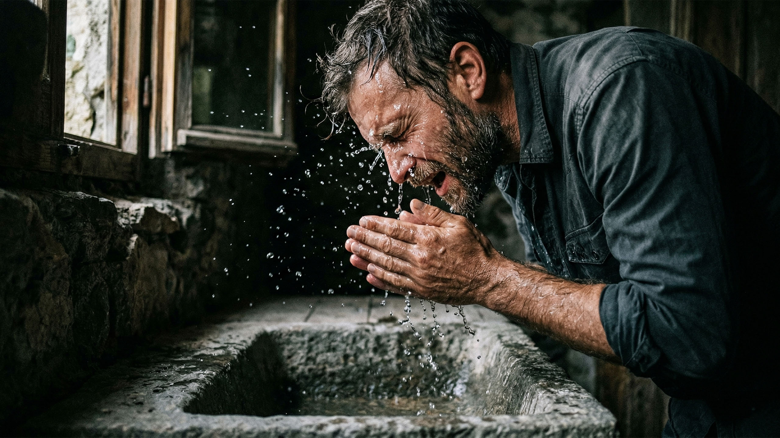 A man with a short beard splashes water on his face in a minimalist bathroom.