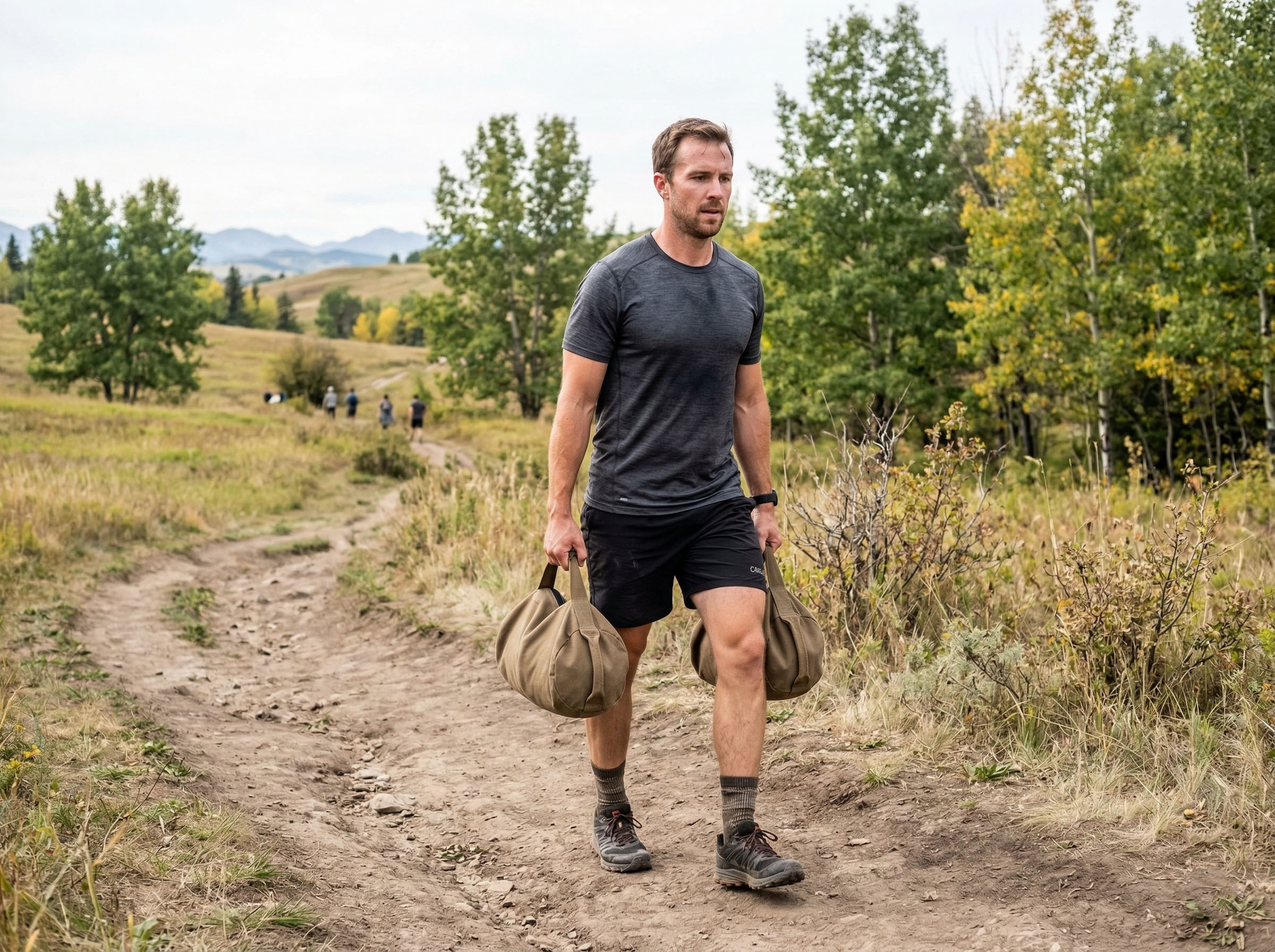 Man performing a functional carry outdoors