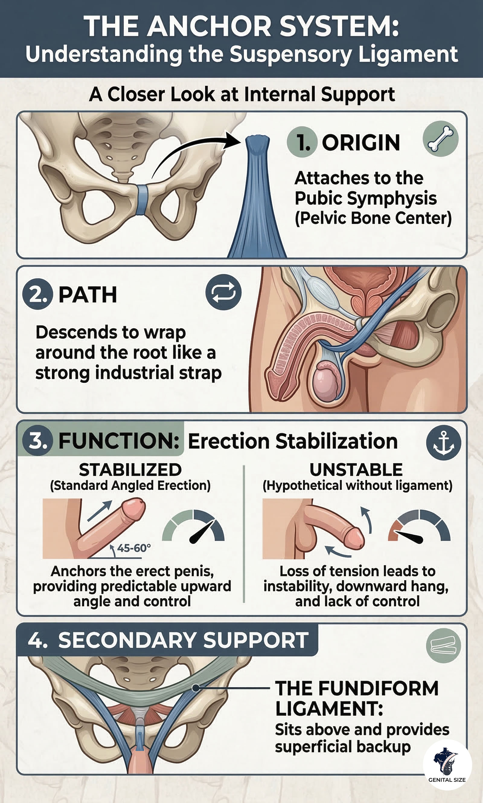 Infographic detailing the anatomy and function of the suspensory ligament
