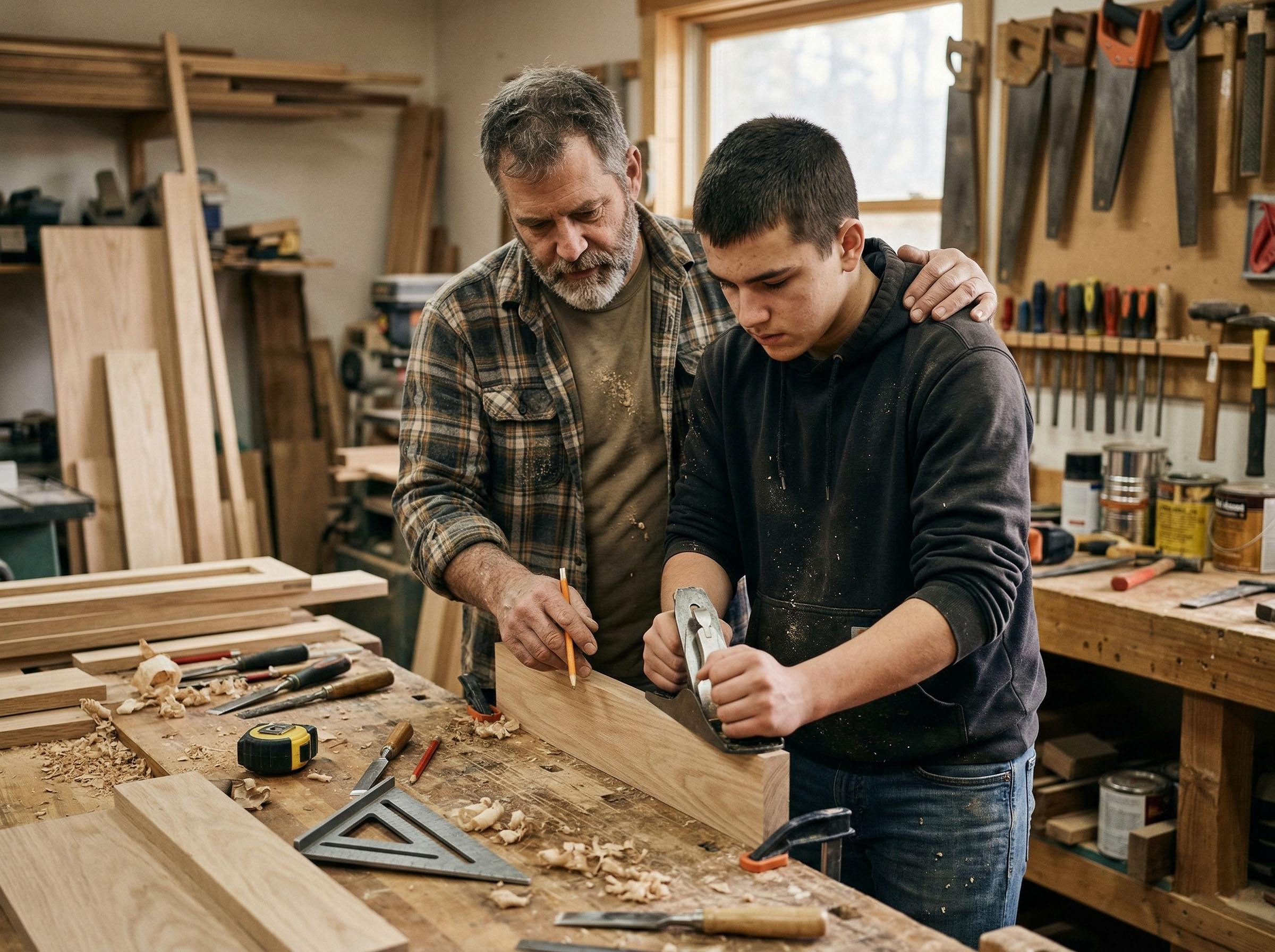 A father teaching his son how to work with wood in a workshop