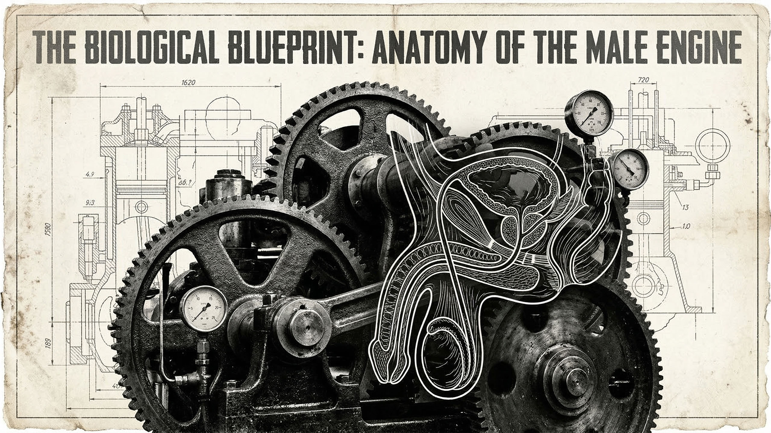 Technical blueprint style illustration of male physiological structures.