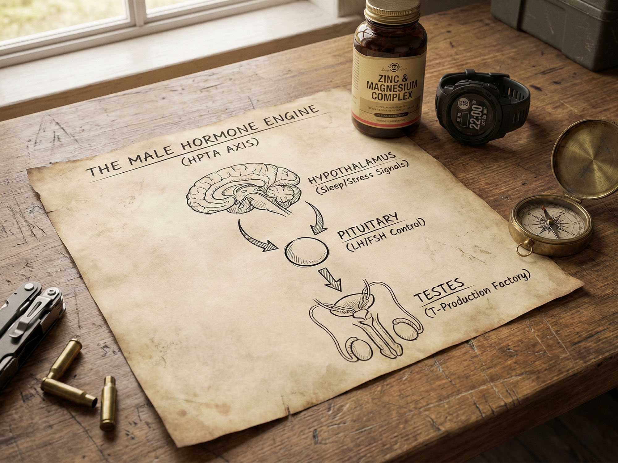 A conceptual photograph of a hand-drawn male HPTA hormone axis blueprint on aged paper, laid on a wooden workbench alongside a bottle of Zinc & Magnesium supplements, a tactical watch displaying 10:00 PM, and a compass, illustrating the biological engine of male vitality.