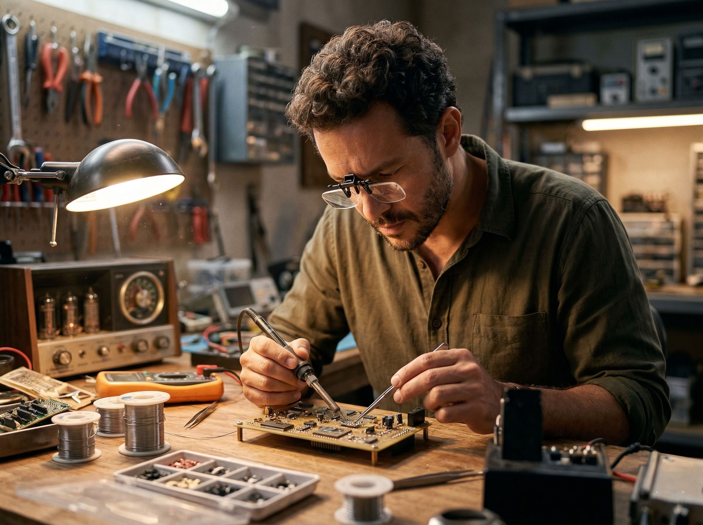 A man focused on a technical task requiring skill and patience