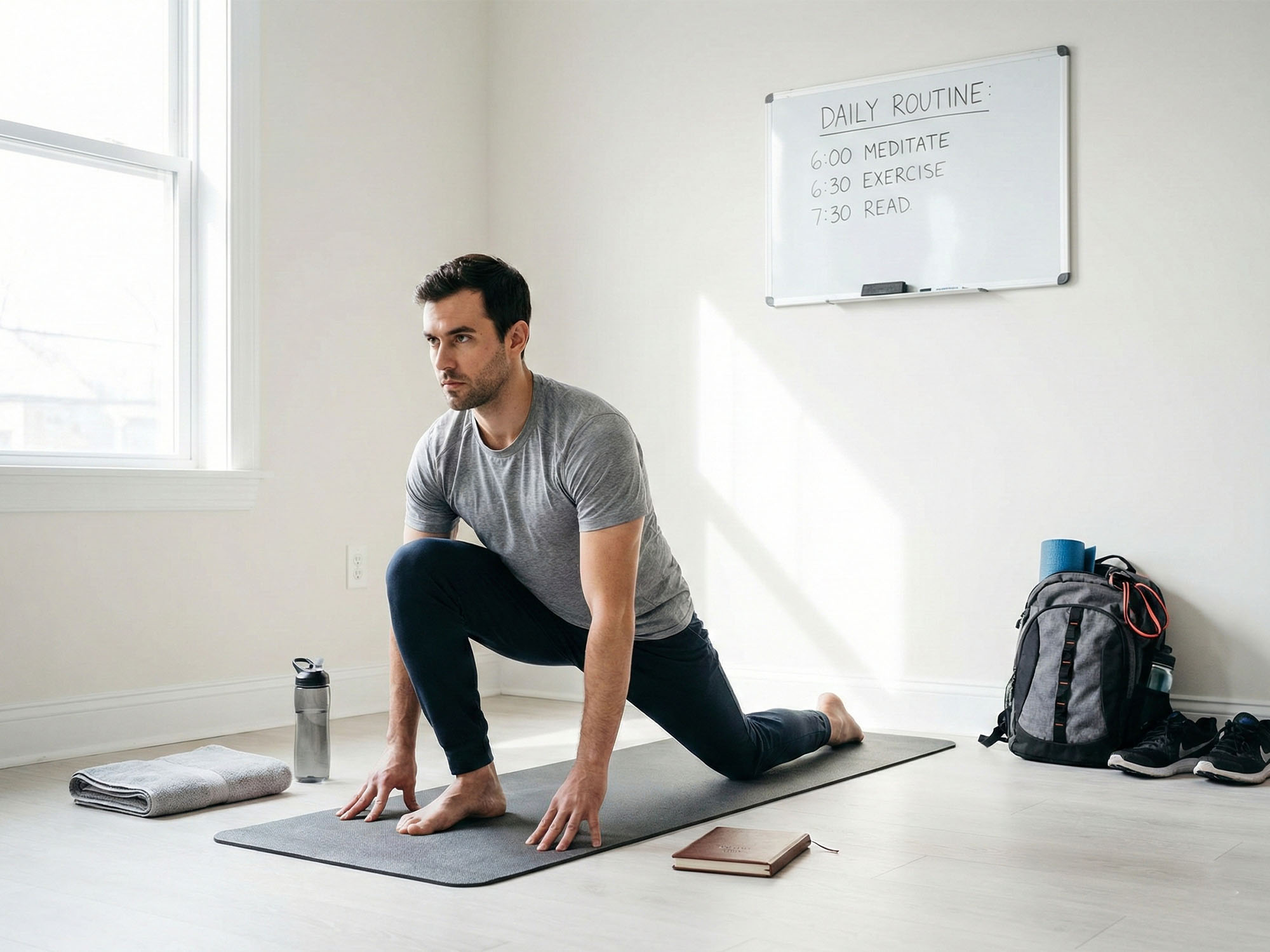 Man practicing disciplined self-care through daily routine and physical readiness