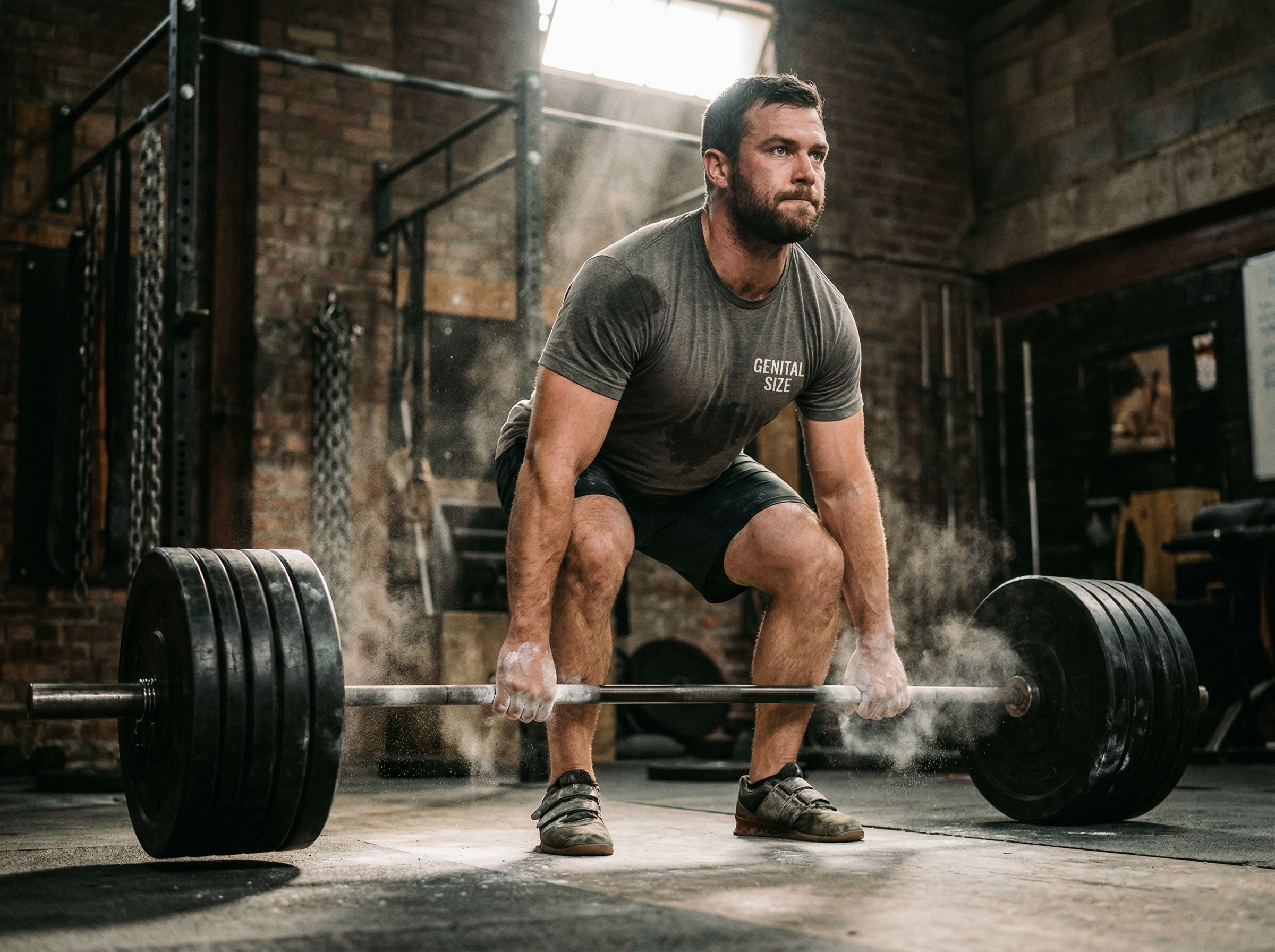 A man training in a gym with iron weights, representing discipline, testosterone, and masculine drive
