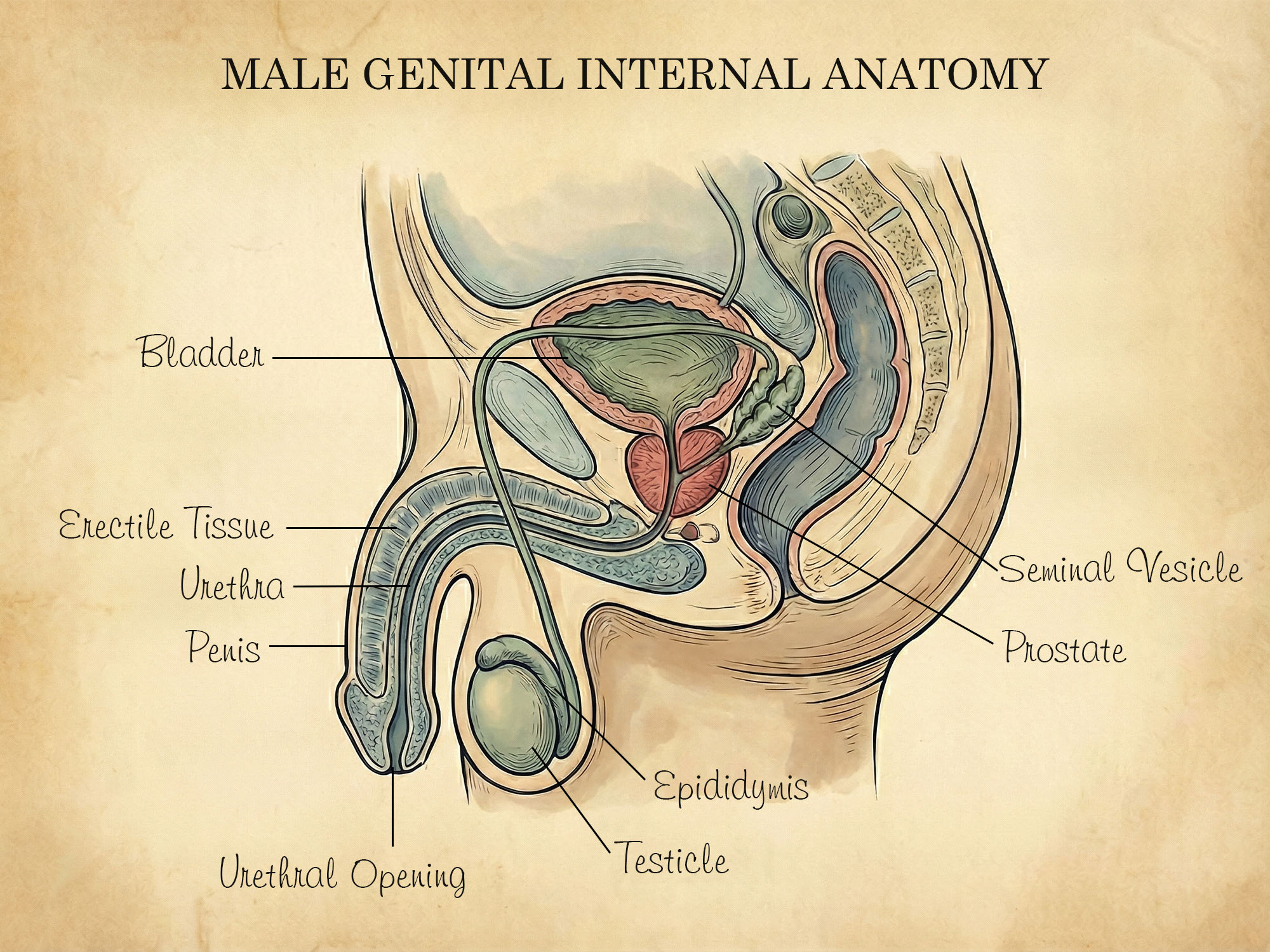 Medical illustration of the human male genital internal anatomy.
