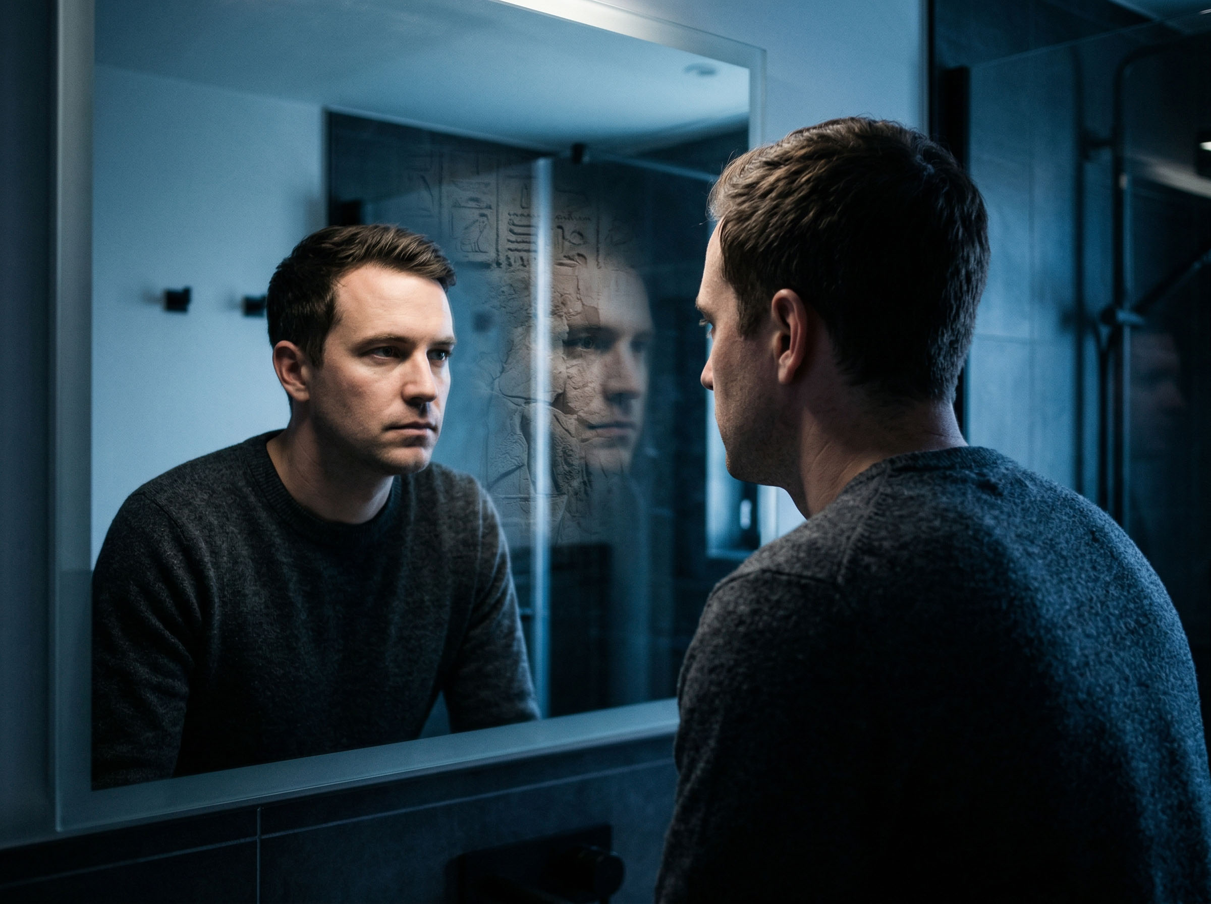 Man reflecting on self-image and masculinity in modern context